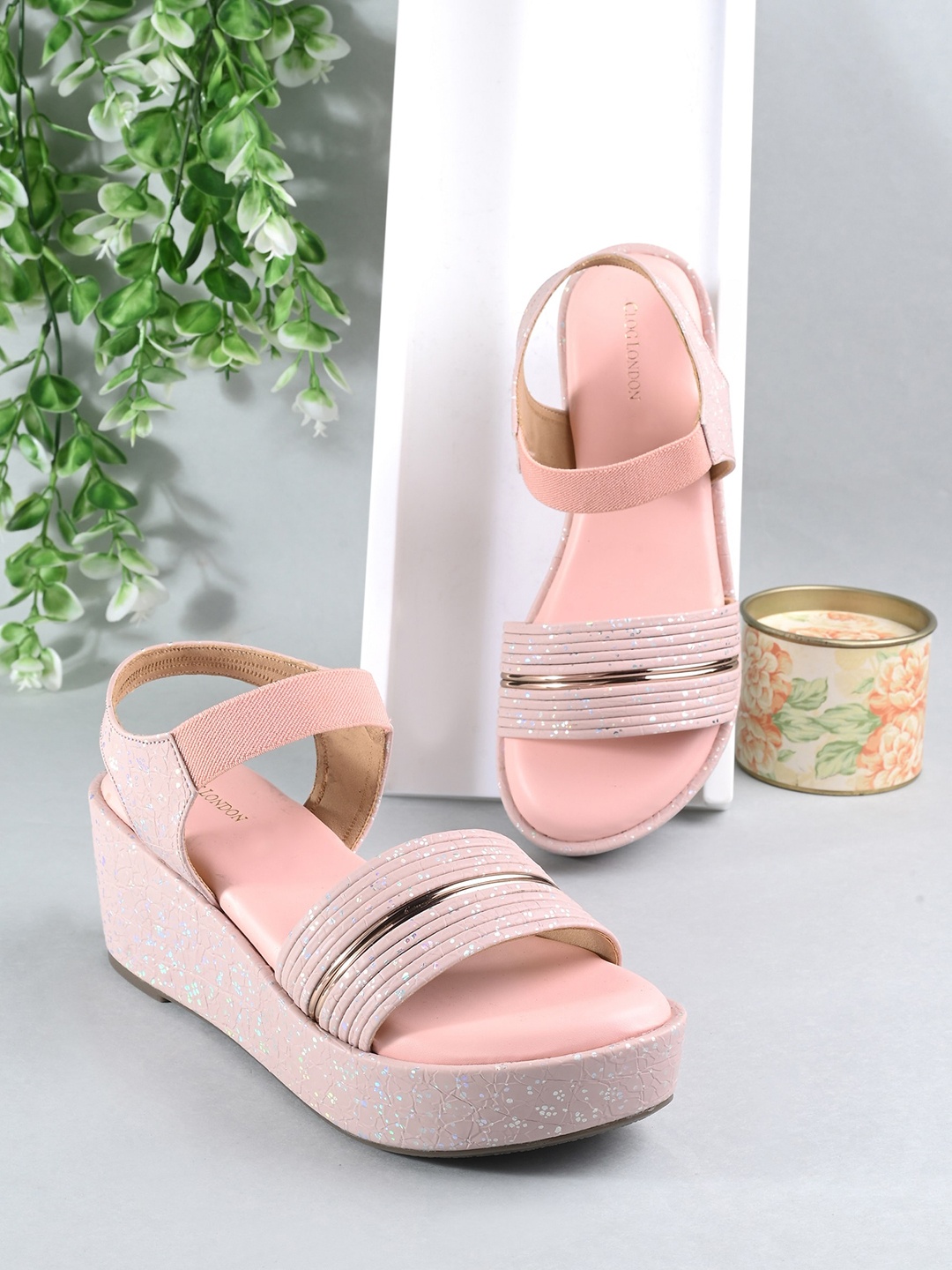 

CLOG LONDON Textured Open Toe Wedges With Backstrap, Pink