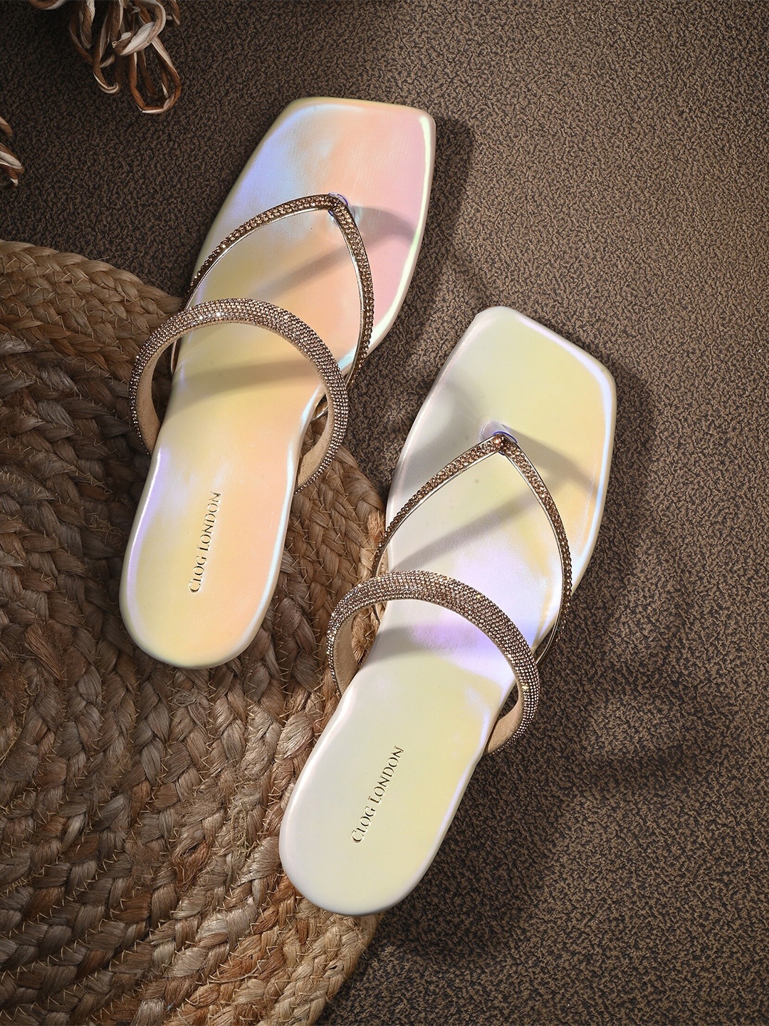 

CLOG LONDON Embellished Open Toe Flats, Cream