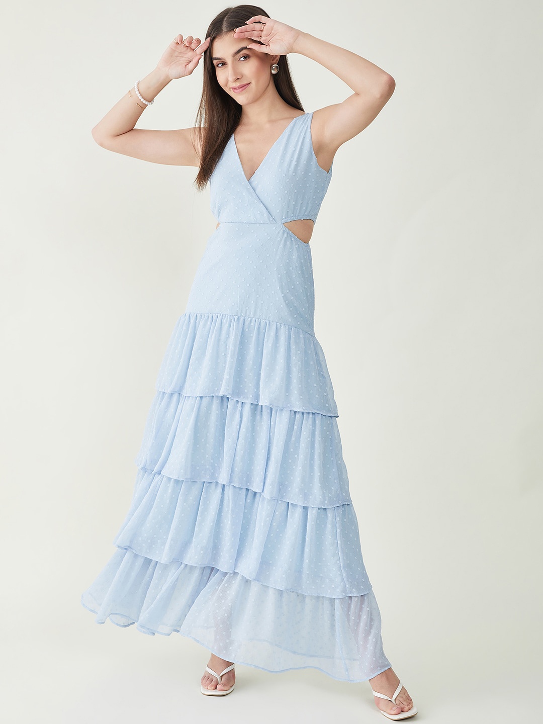 

JUNE & HARRY Self Design Cut Outs Chiffon Maxi Tiered Dress, Blue