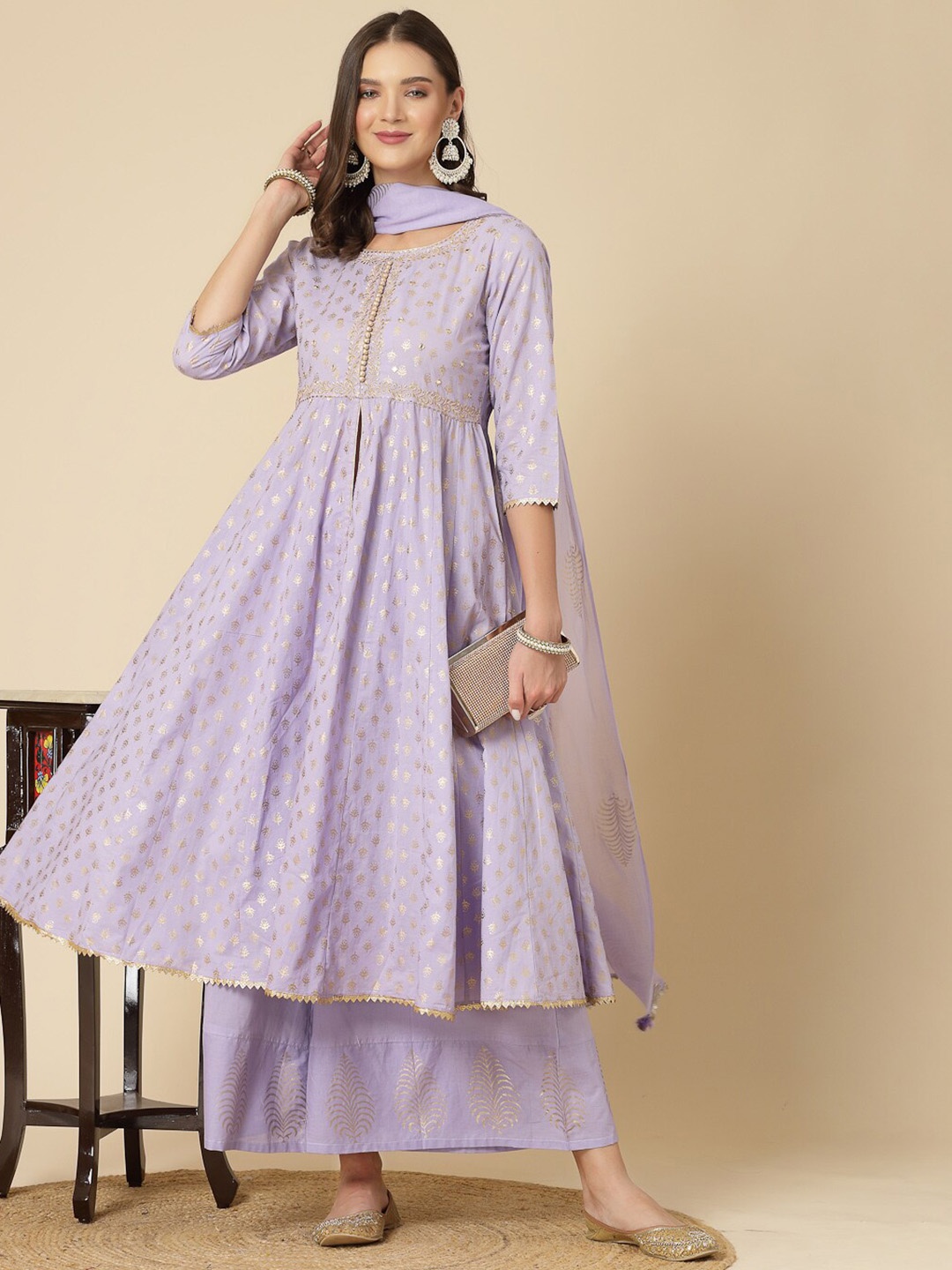 

Sangria Ethnic Motifs Printed Pure Cotton A Line Kurta With Palazzos & Dupatta, Lavender