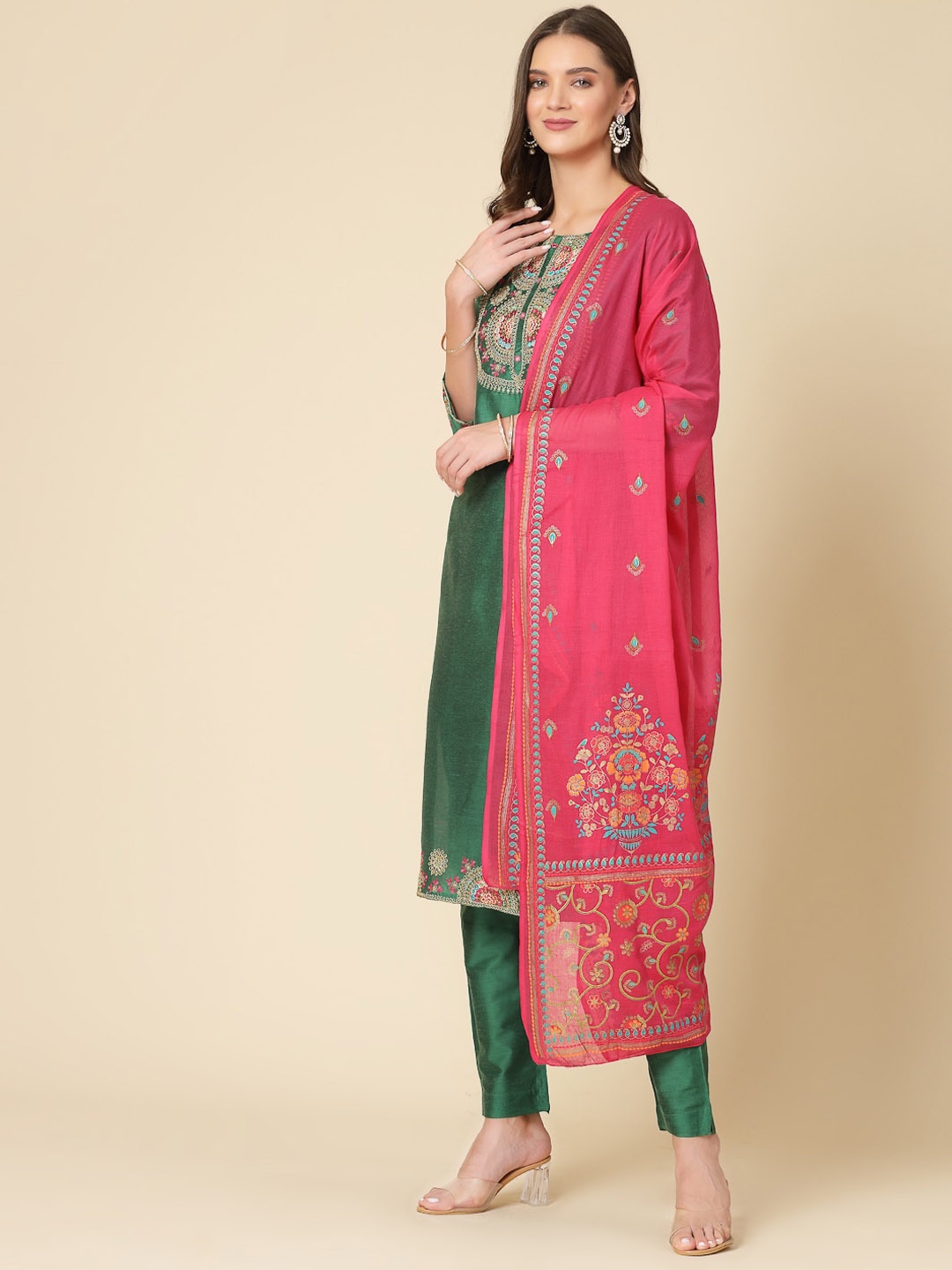 

Sangria Ethnic Motifs Yoke Design Chanderi Silk Straight Kurta & Trouser With Dupatta, Green