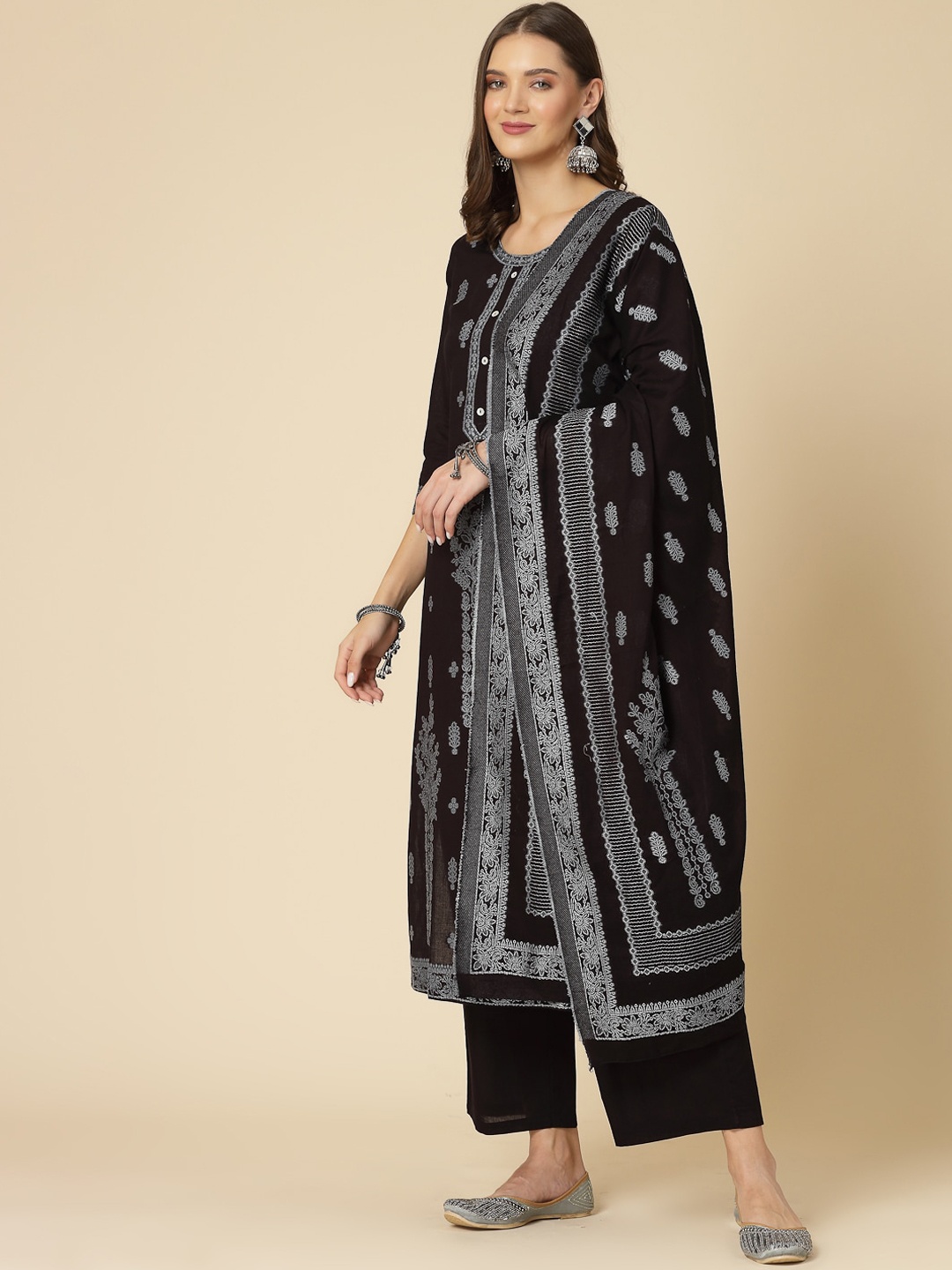 

Sangria Black Ethnic Woven Design Pure Cotton Straight Kurta With Trouser & Dupatta