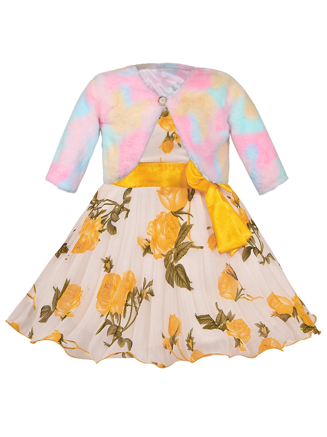 

Wish Karo Girls Floral Printed Round Neck Bow Georgette Fit & Flare Dress With Shrug, Yellow
