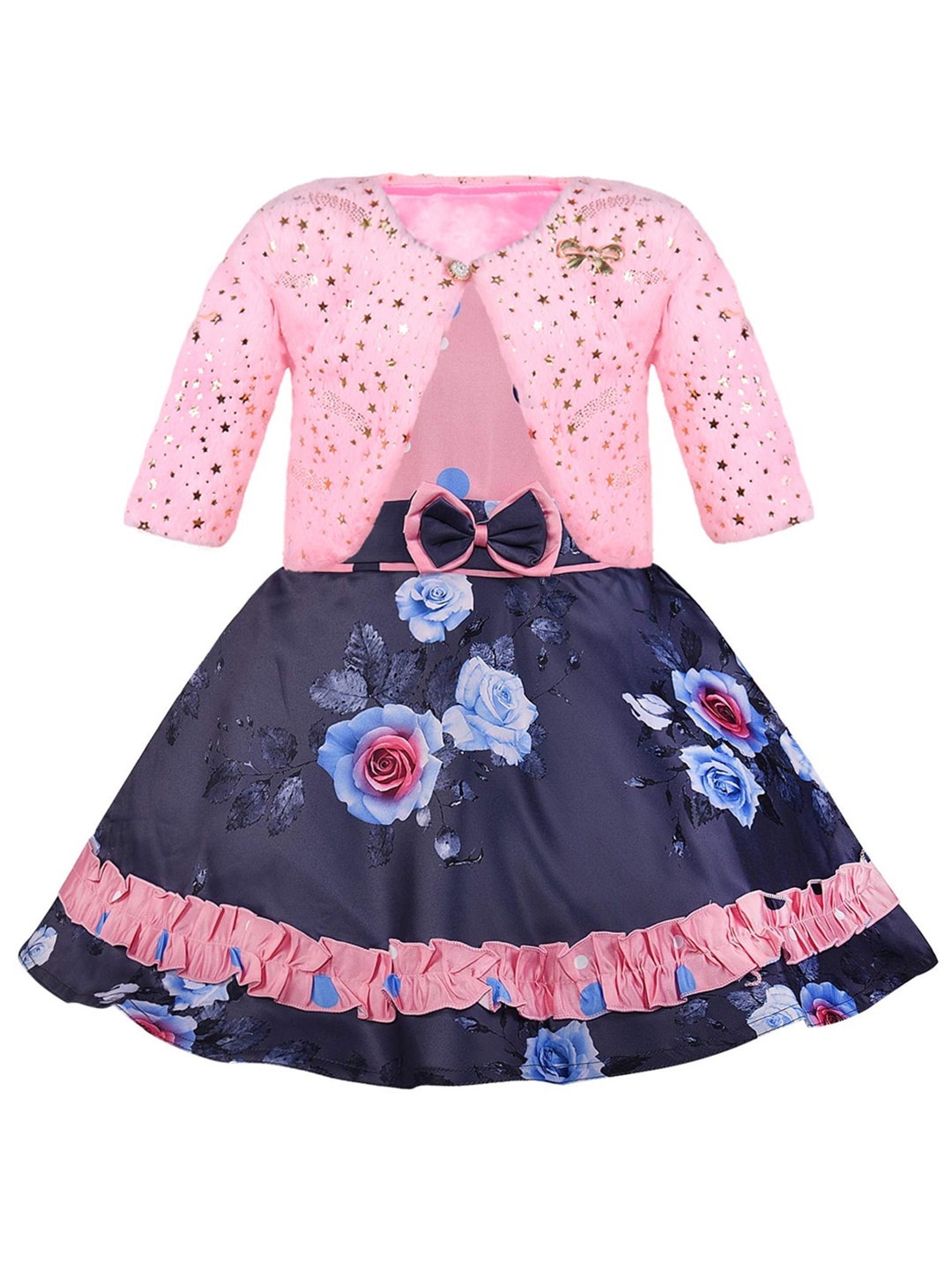 

Wish Karo Girls Floral Printed Round Neck Ruffled Satin Fit & Flare Dress With Shrug, Pink
