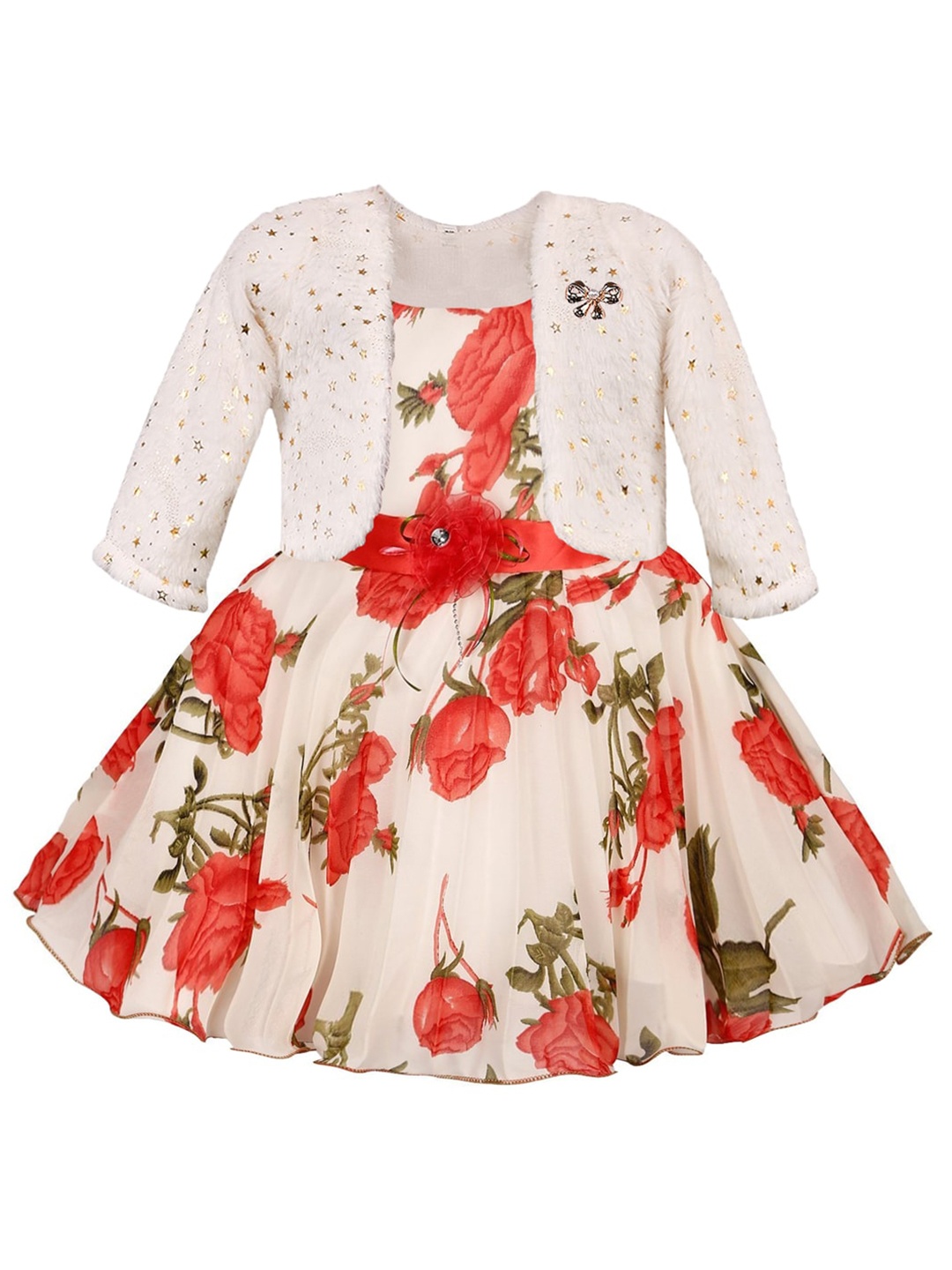 

Wish Karo Floral Printed Georgette Fit & Flare Dress, Red