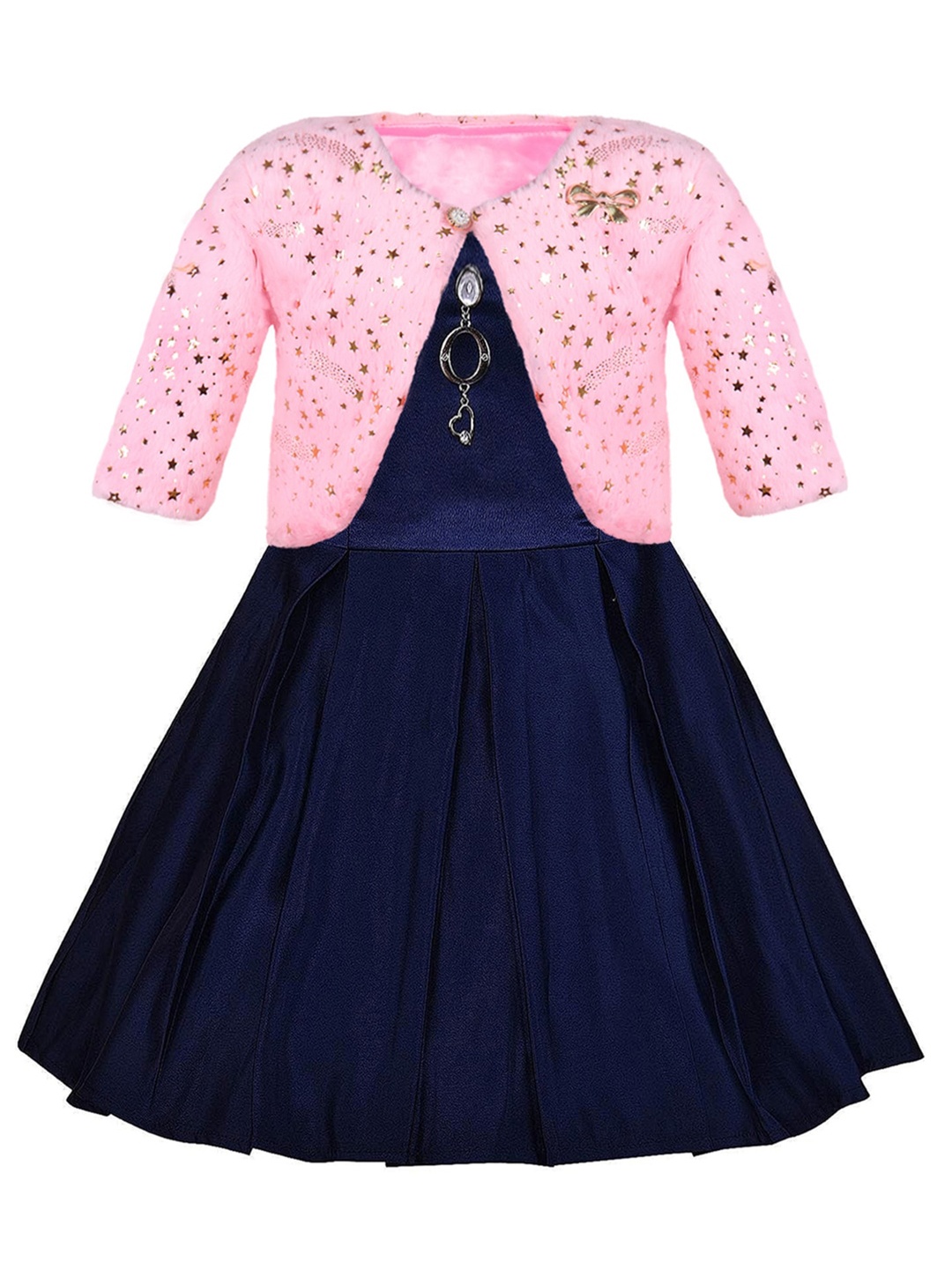 

Wish Karo Girls Sweatheart Neck Corsage Silk Fit & Flare Dress With Jacket, Navy blue