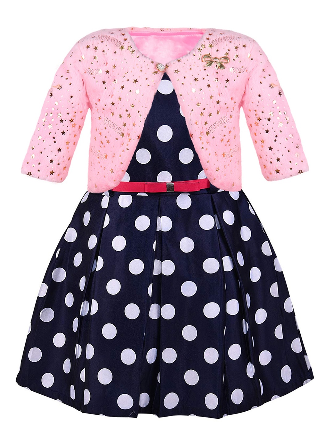 

Wish Karo Girls Polka Dot Printed Belted Silk Fit & Flare Dress With Jacket, Navy blue