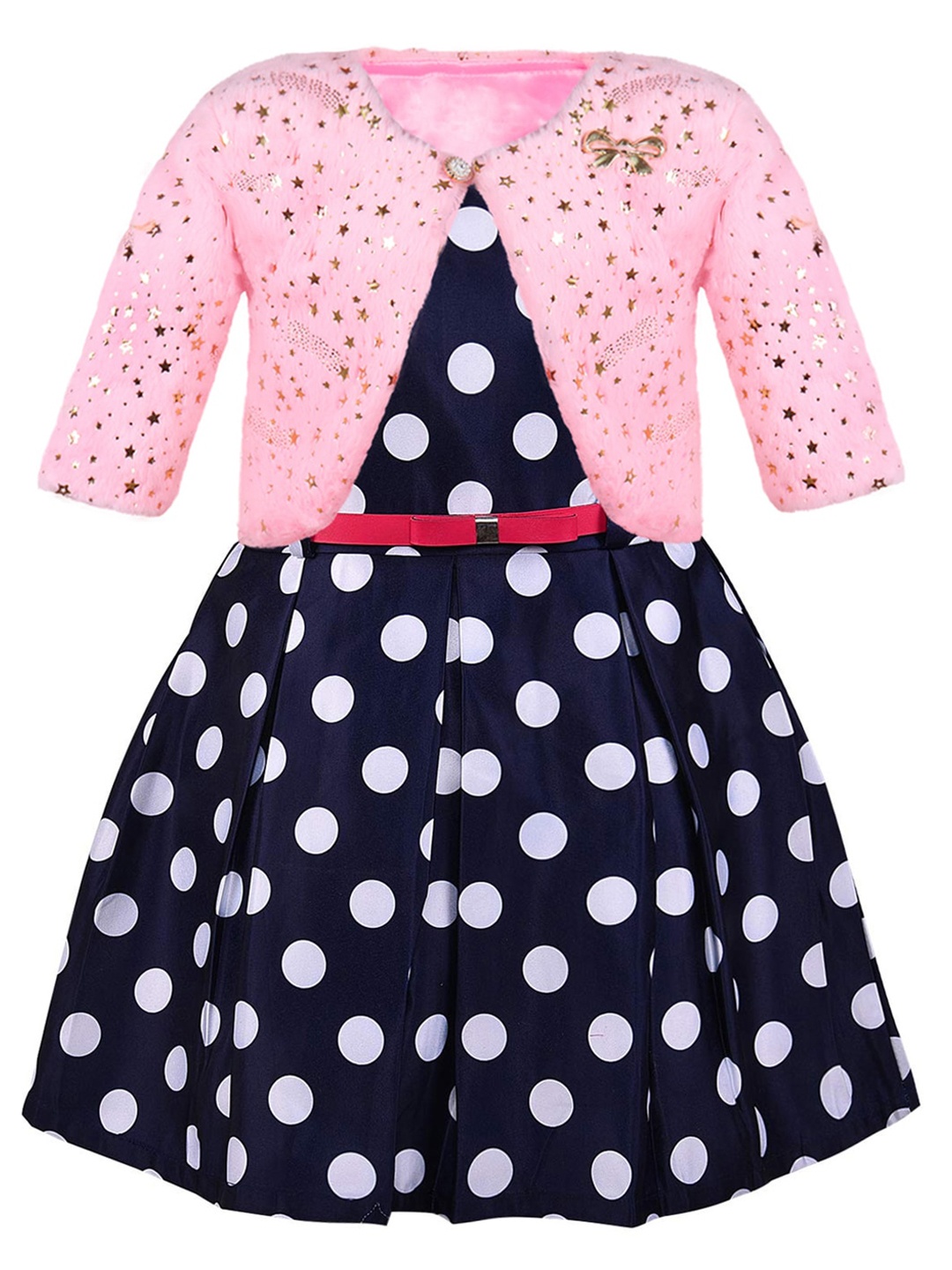 

Wish Karo Girls Polka Dots Printed Silk Fit & Flare Dress, Navy blue