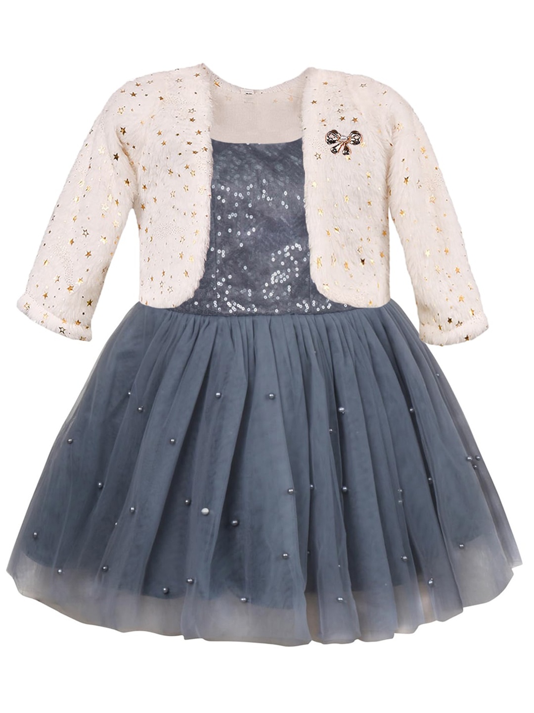 

Wish Karo Girls Embellished Net Fit & Flare Dress With Jacket, Grey
