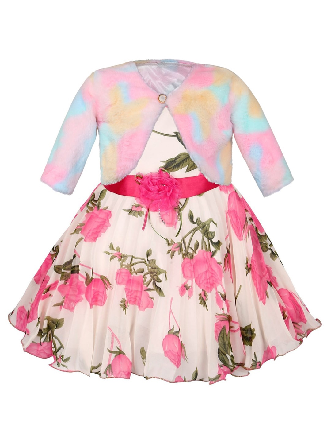 

Wish Karo Girls Floral Printed Corsage Fit & Flare Dress With Jacket, Pink