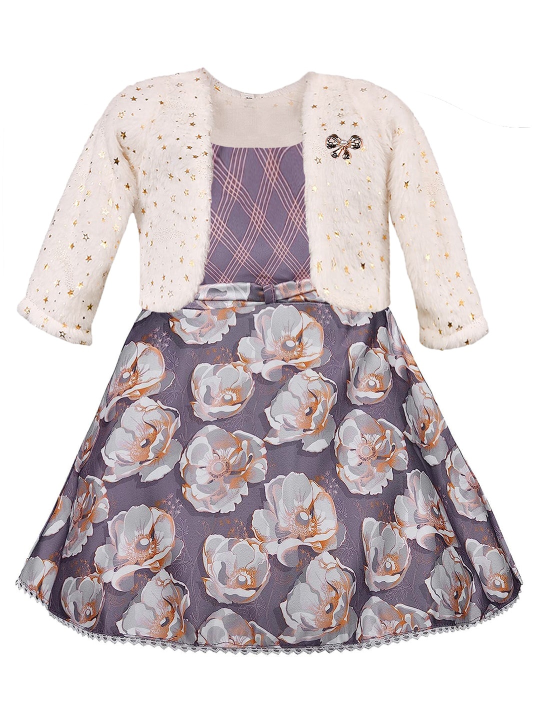 

Wish Karo Girls Floral Printed Silk Fit & Flare Dress With Jacket, Purple
