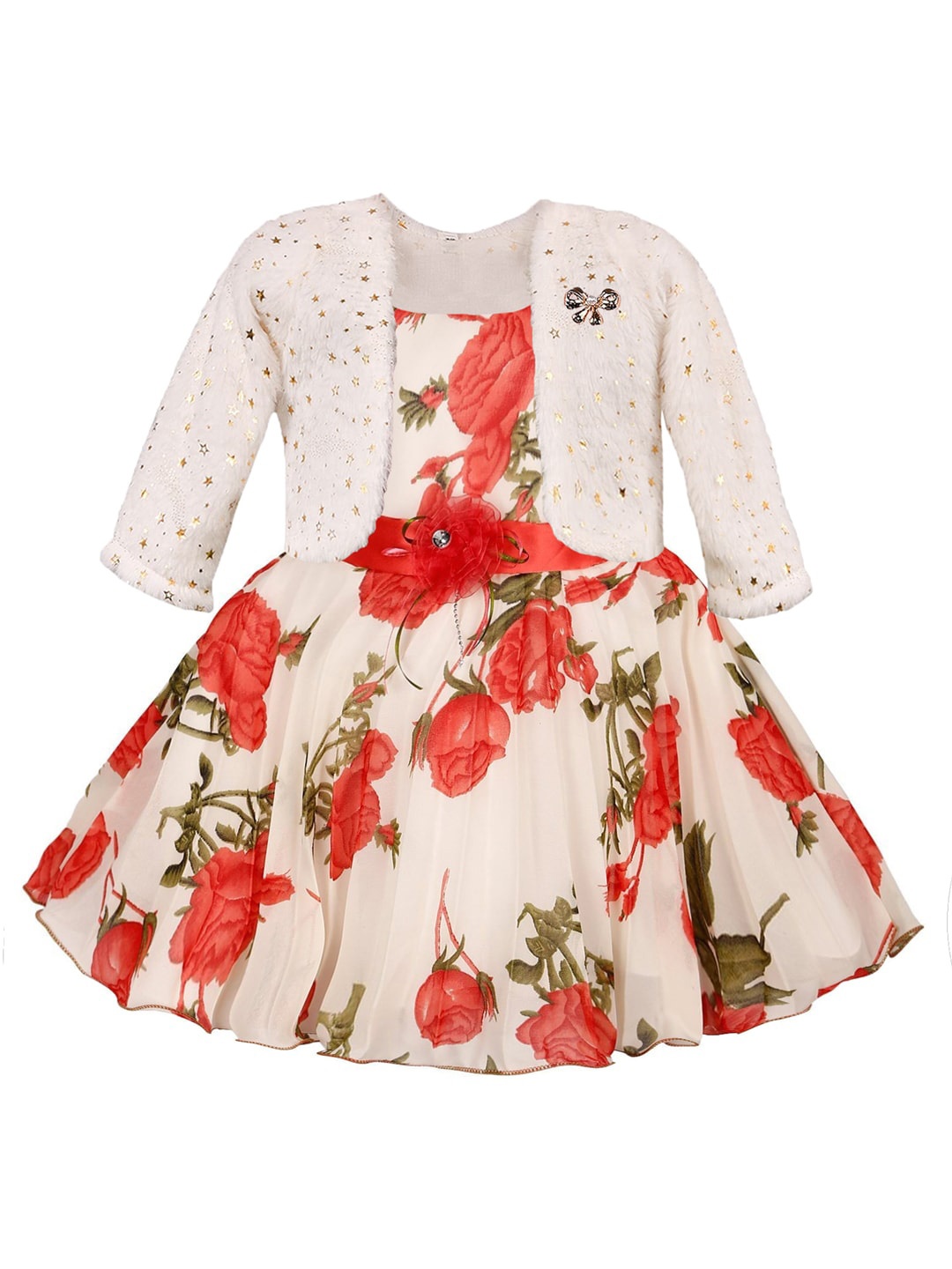 

Wish Karo Girls Floral Print Georgette Fit & Flare Dress With Jacket, Red
