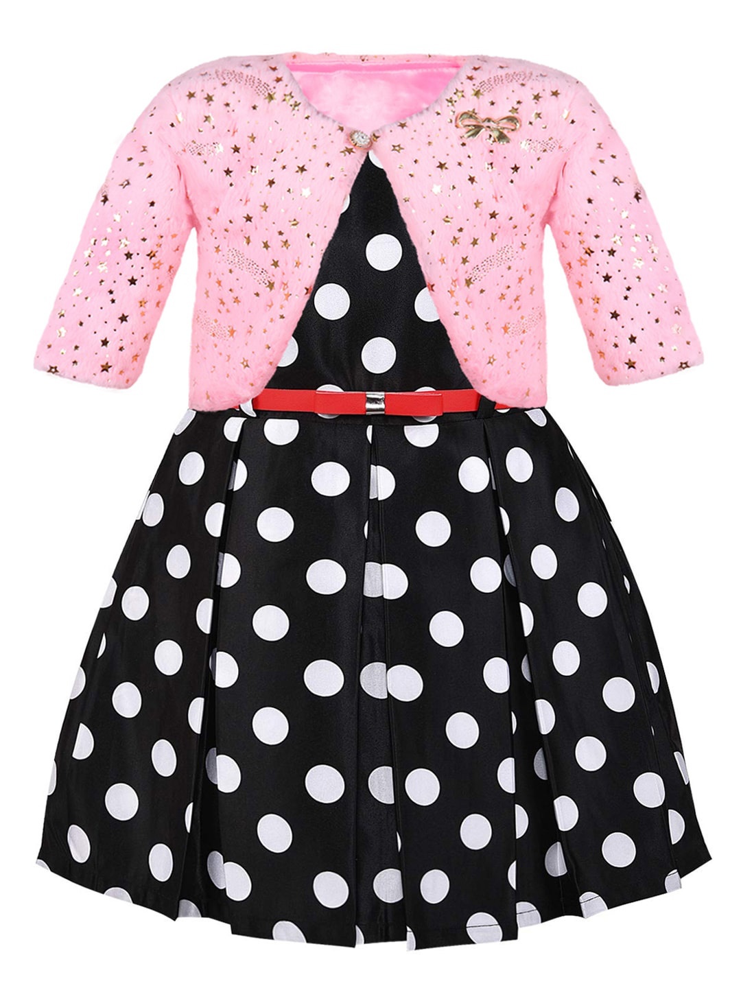 

Wish Karo Girls Polka Dots Printed Silk Fit & Flare Dress, Black