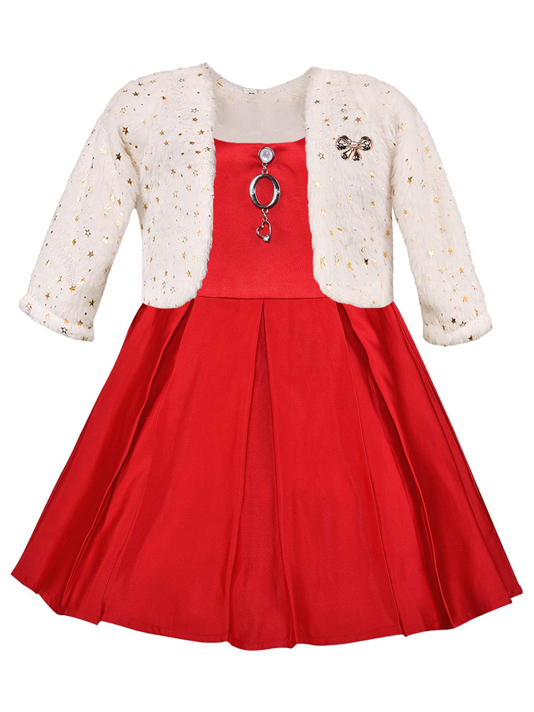 

Wish Karo Girls Round Neck Corsage Silk Fit & Flare Dress With Jacket, Red