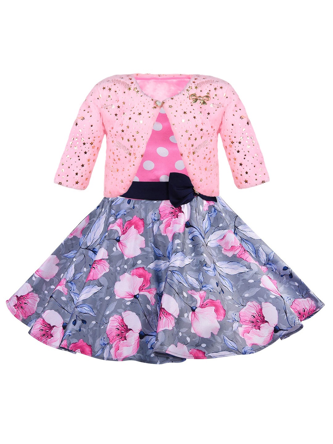 

Wish Karo Girls Floral Printed Bow Detailed Silk Fit & Flare Dress, Pink