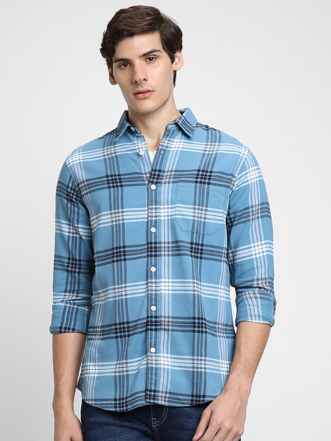 

Dennis Lingo Slim Fit Tartan Checked Cotton Casual Shirt, Blue