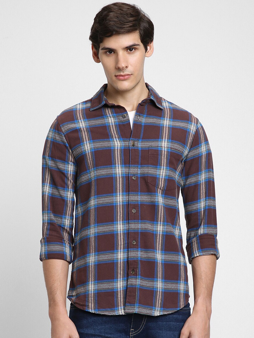 

Dennis Lingo Tartan Checked Cotton Casual Shirt, Brown