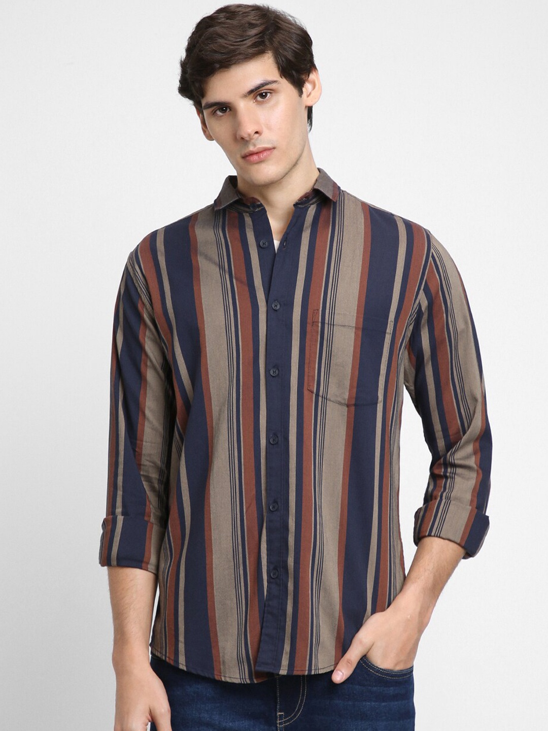 

Dennis Lingo Slim Fit Multi Striped Cotton Casual Shirt, Navy blue