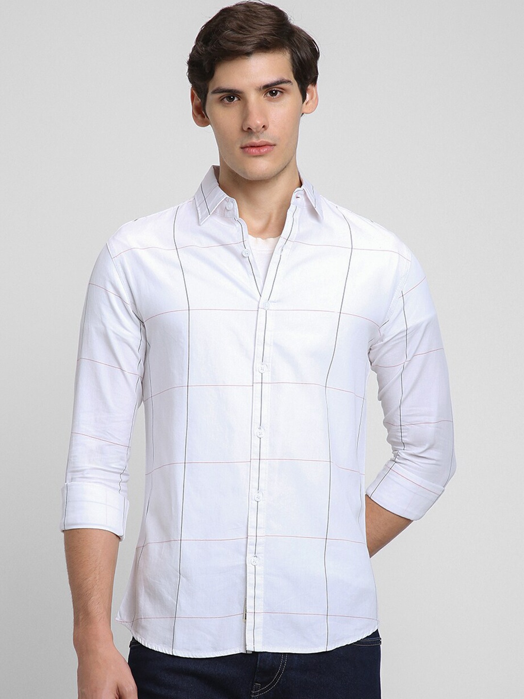 

Dennis Lingo Windowpane Checked Opaque Casual Shirt, White