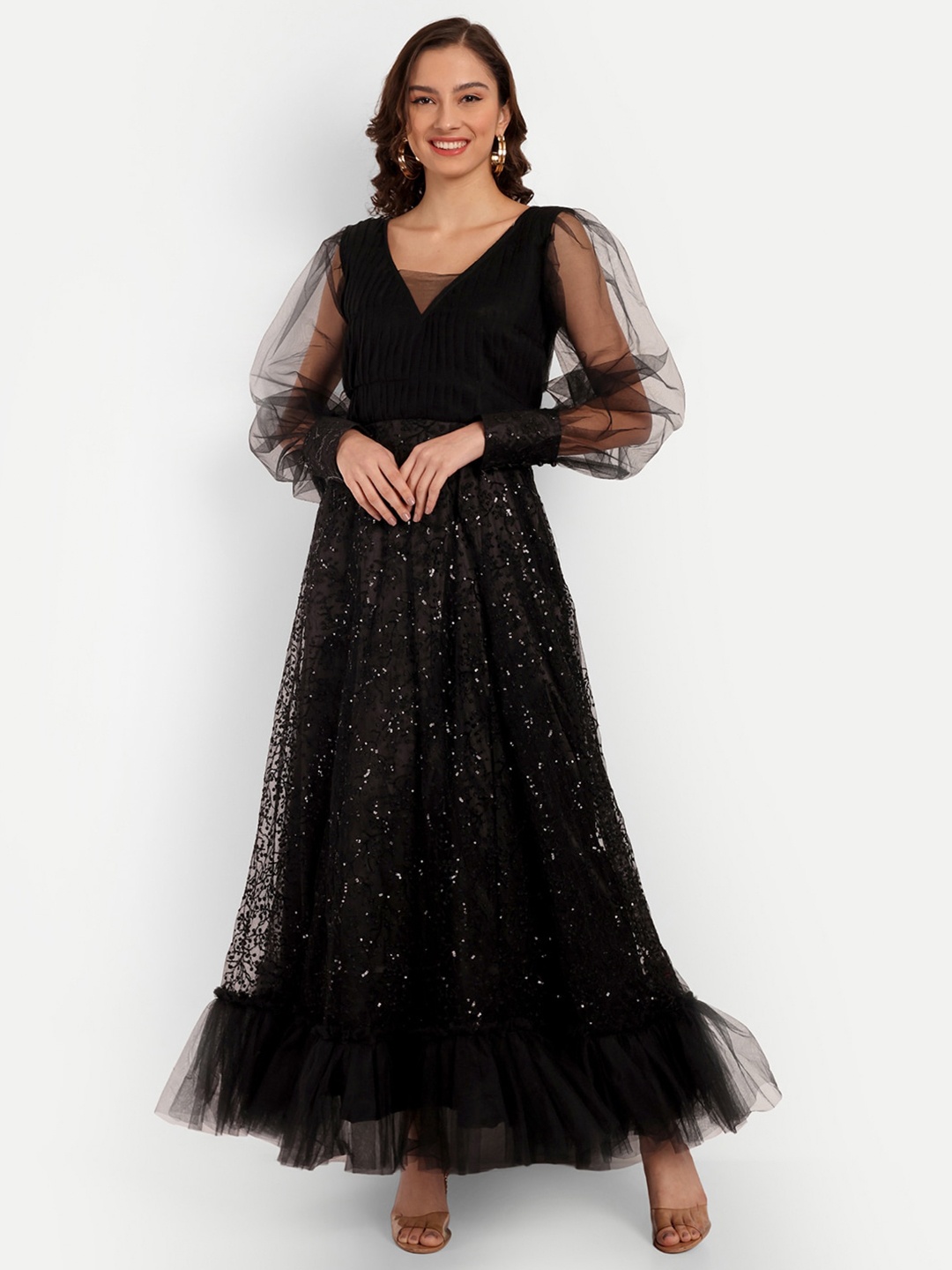 

TILISM Self Design Printed V-Neck Bell Sleeve Maxi Dress, Black