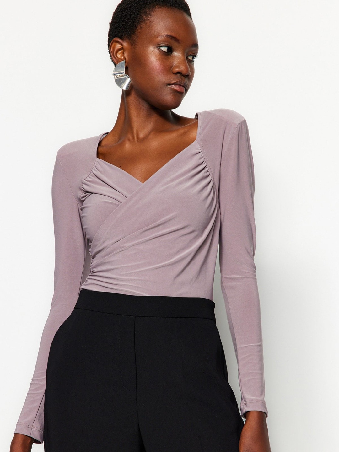 

Trendyol Sweetheart Neck Long Sleeves Ruched Bodysuit, Lavender