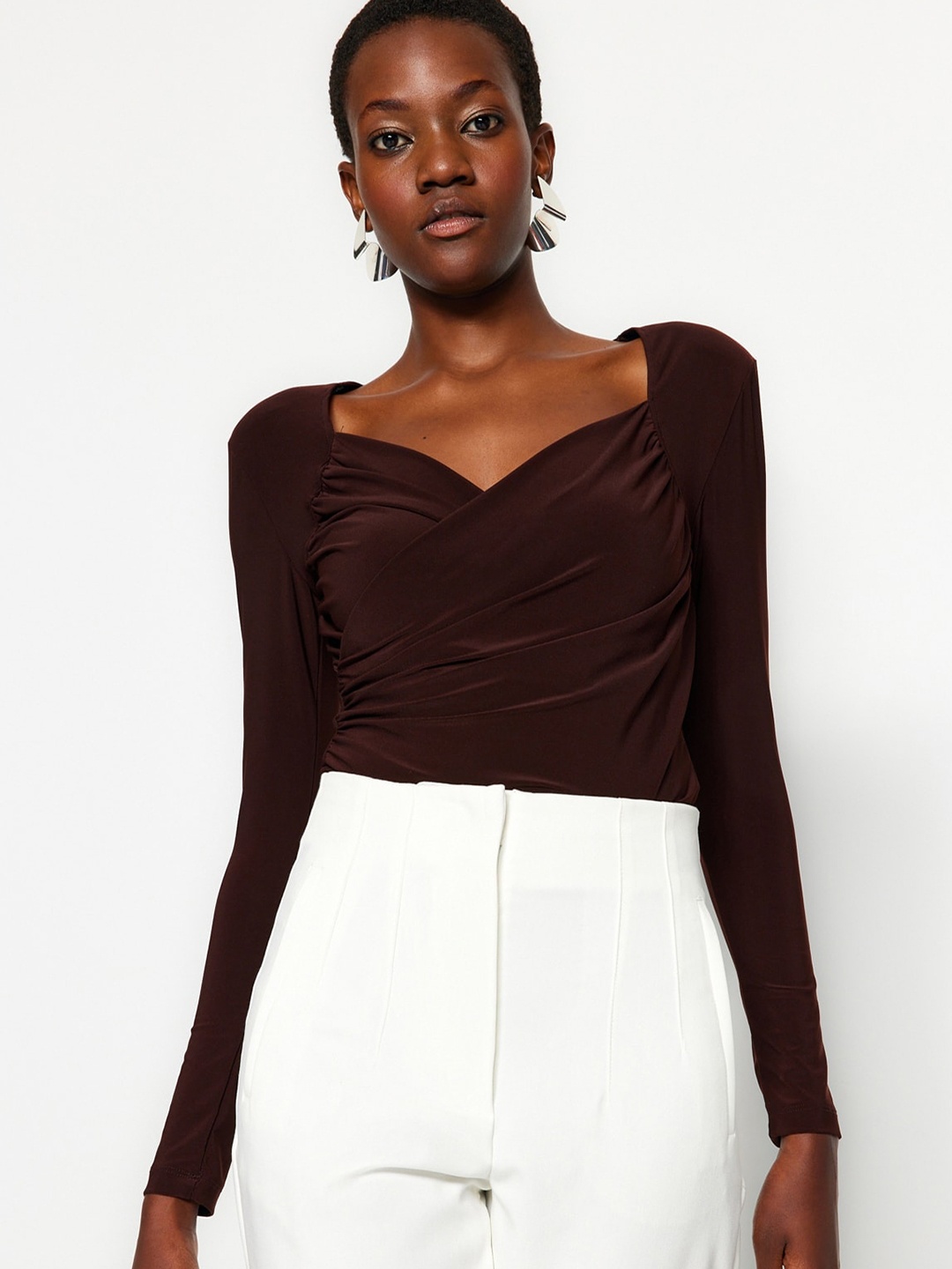 

Trendyol Sweetheart Neck Gathered Bodysuit, Brown