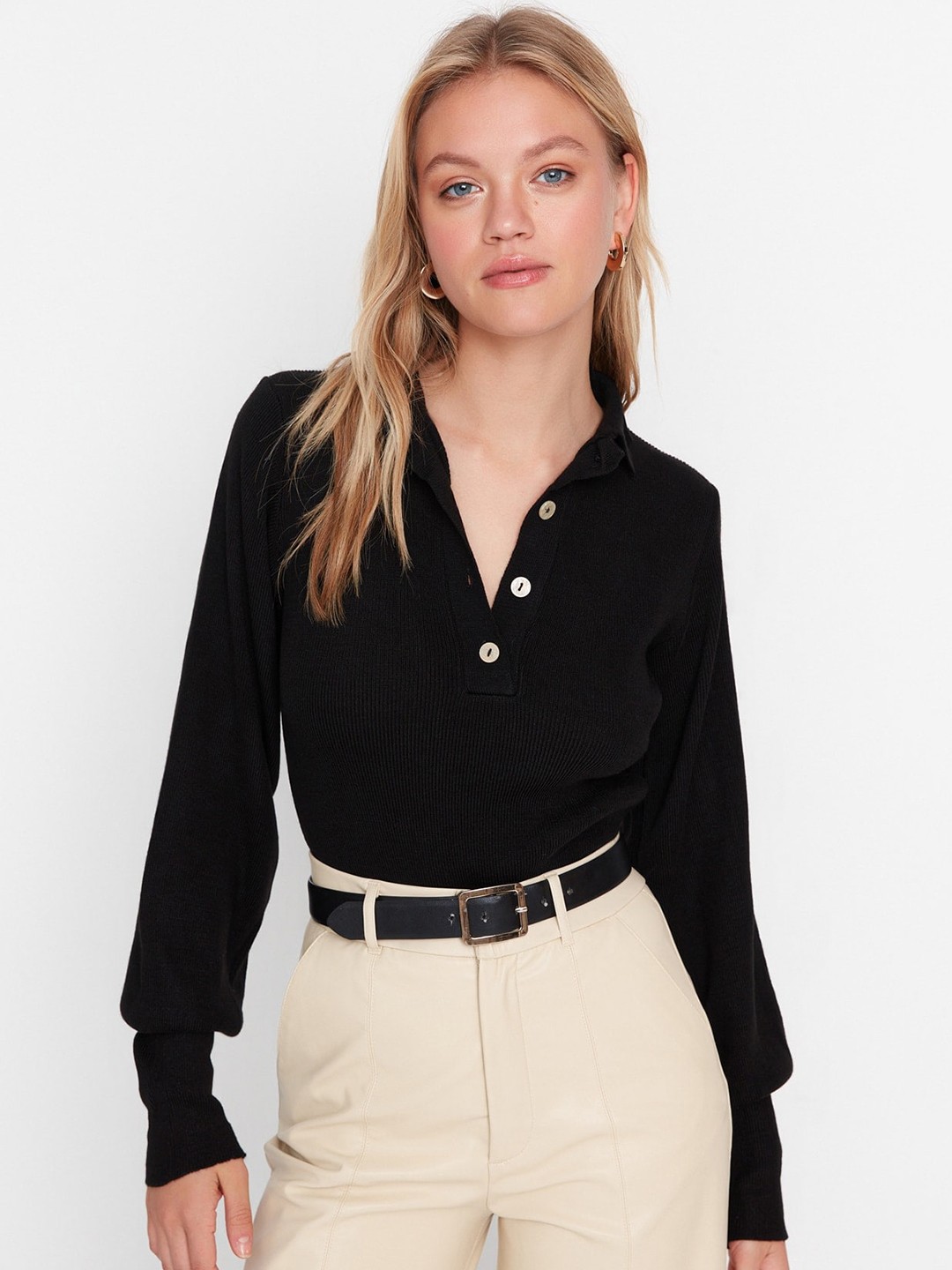

Trendyol Self-Design Shirt Collar Bodysuit, Black