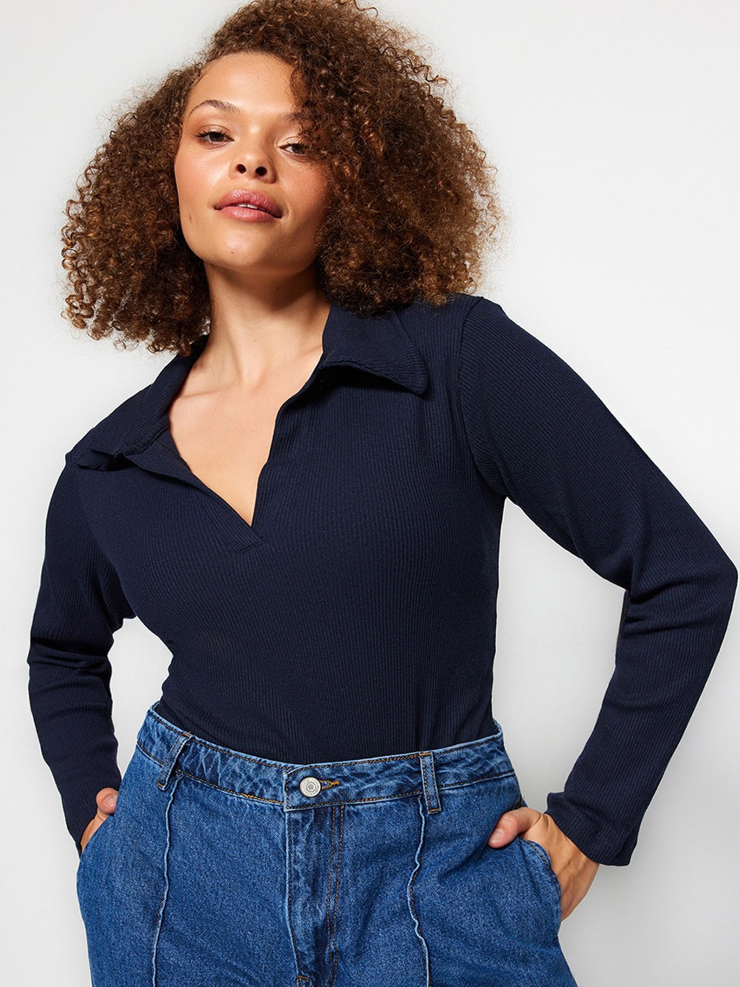 

Trendyol Self Design Shirt Collar Bodysuit, Blue