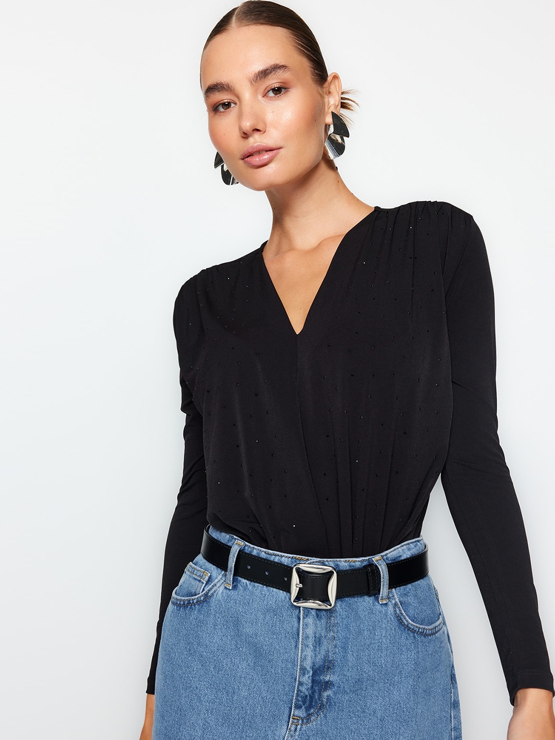 

Trendyol Embellished V-Neck Bodysuit, Black