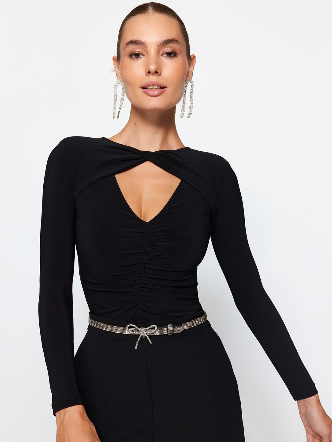 

Trendyol High Neck Cut-Out Detailed Fitted Top, Black