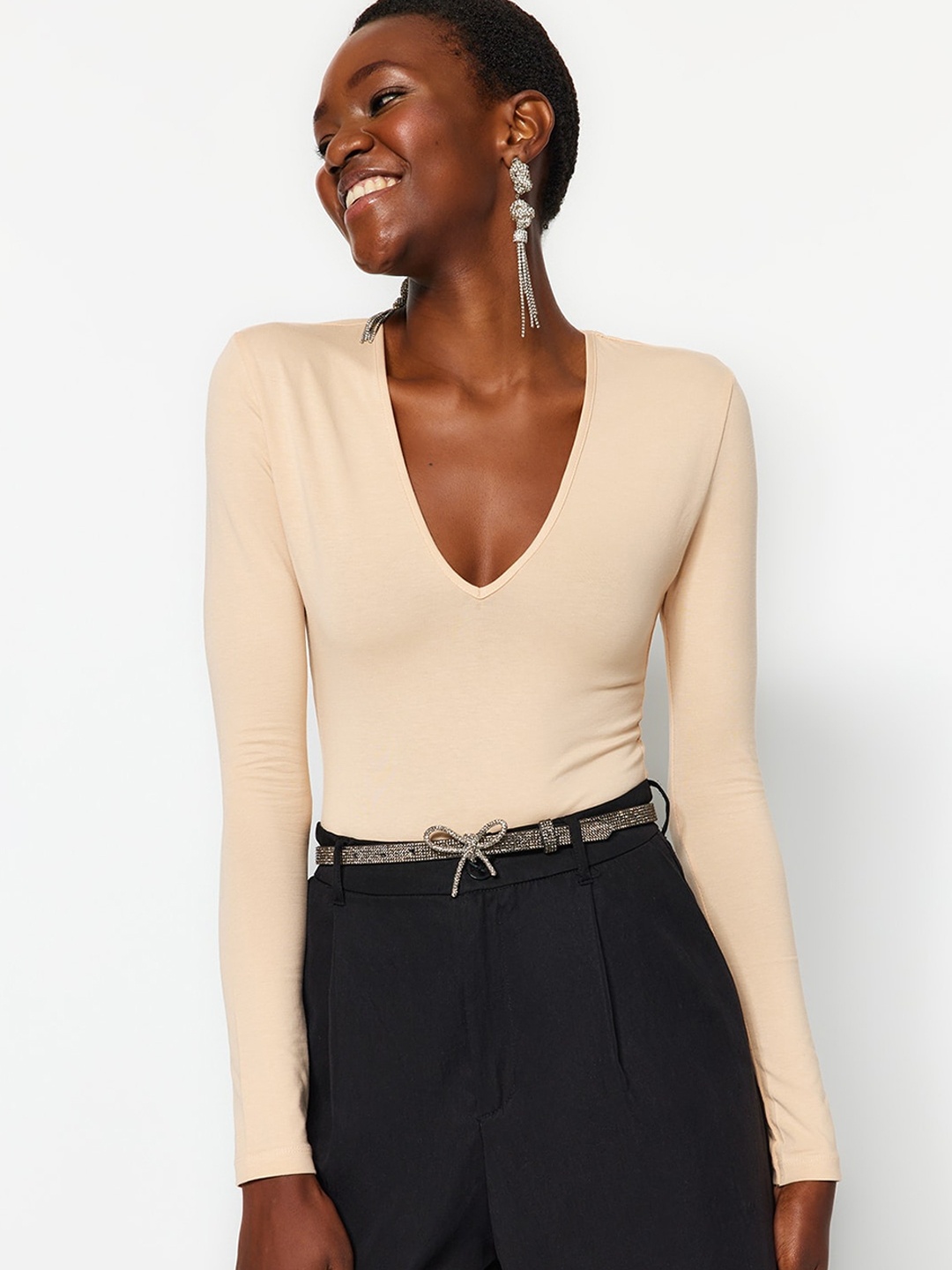 

Trendyol V-Neck Fitted Top, Beige