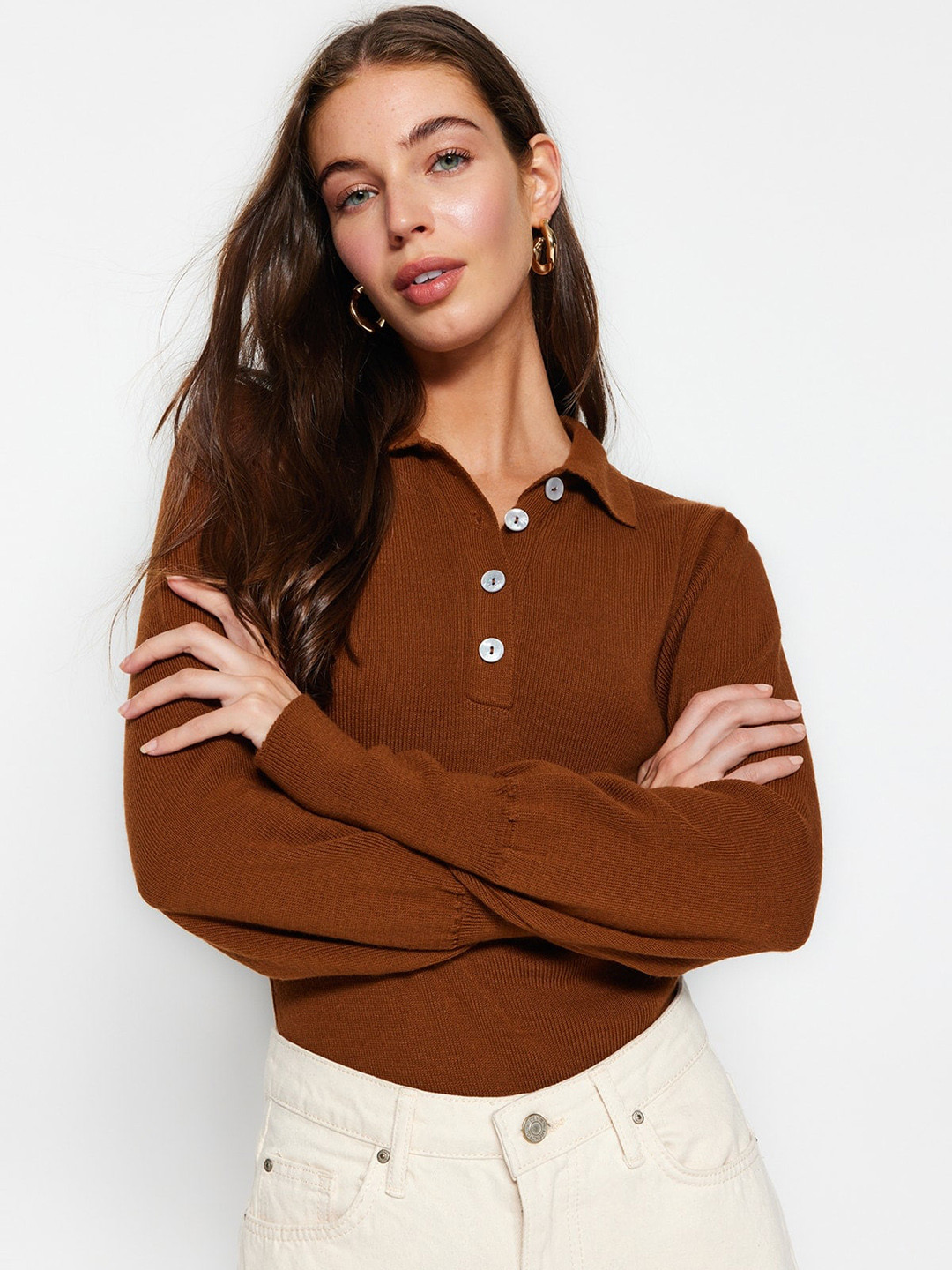 

Trendyol Shirt Collar Fitted Top, Brown