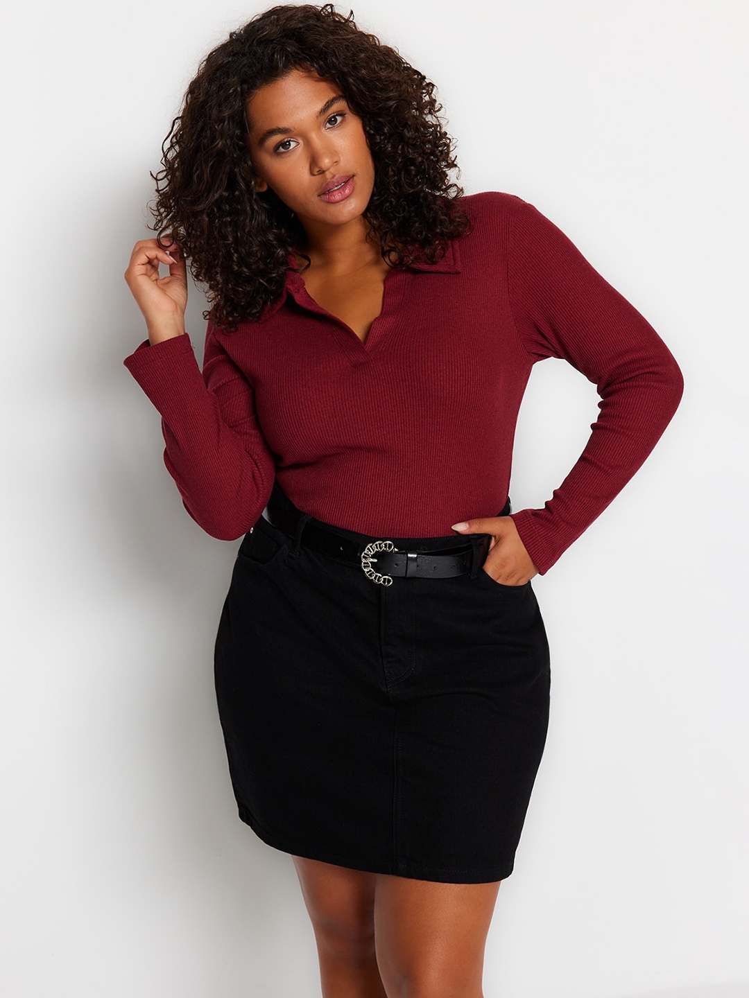 

Trendyol Plus Size Ribbed Shirt Collar Bodysuit, Burgundy
