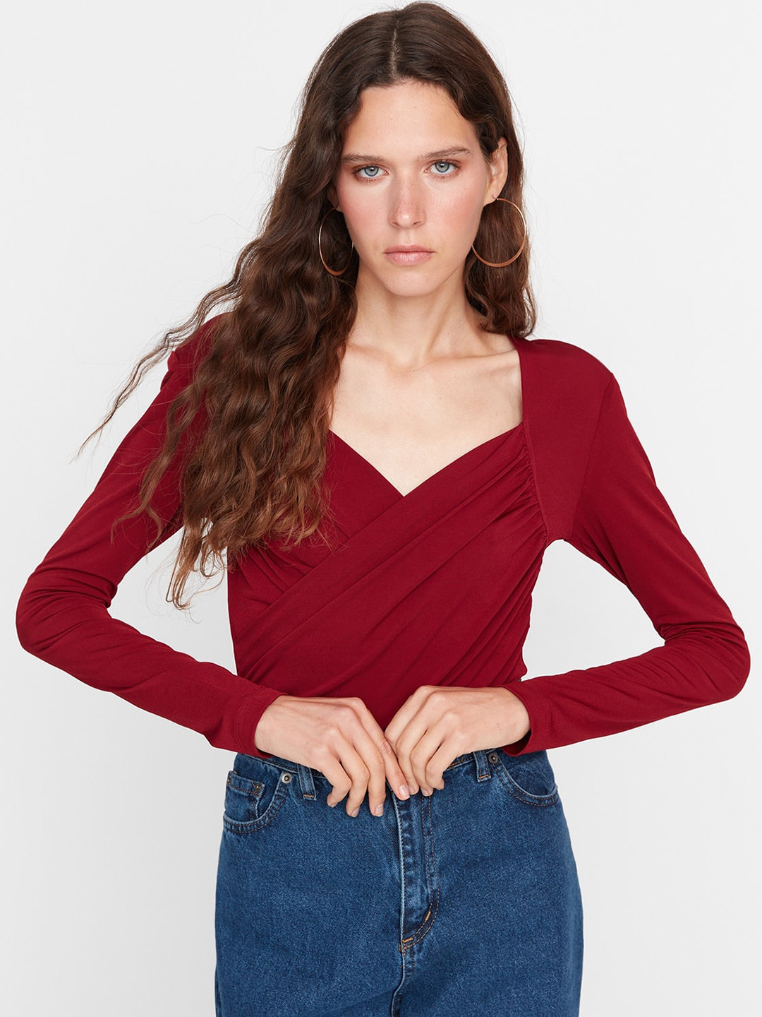 

Trendyol Sweetheart Neck Long Sleeves Wrap Bodysuit, Burgundy