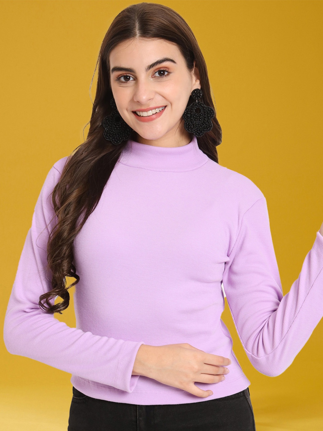 

angloindu High Neck Cotton Slim Fit T-shirt, Lavender