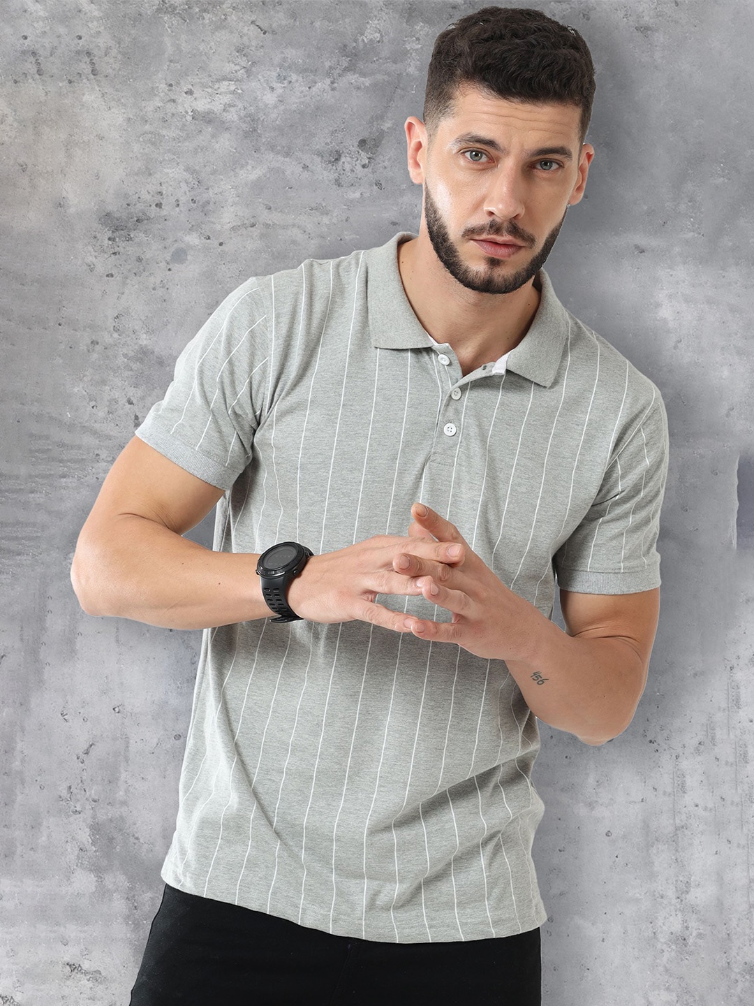 

fanideaz Vertical Striped Polo Collar Casual Knitted Pure Cotton T-shirt, Grey