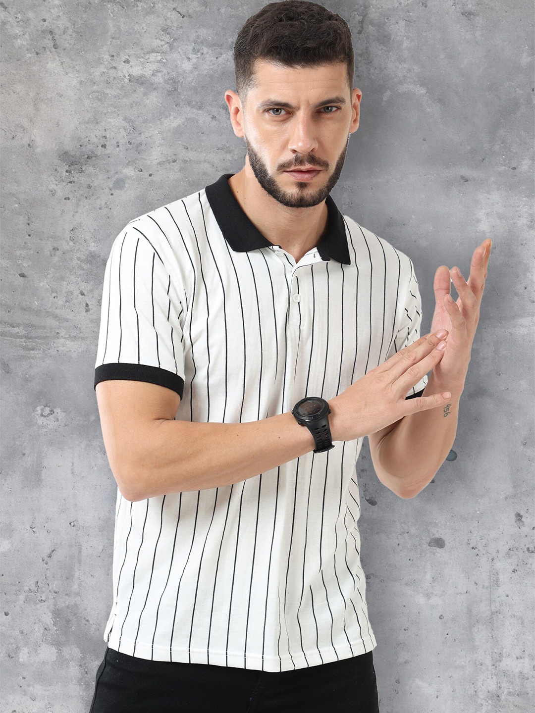 

fanideaz Vertical Striped Polo Collar Casual Knitted Pure Cotton T-shirt, Black