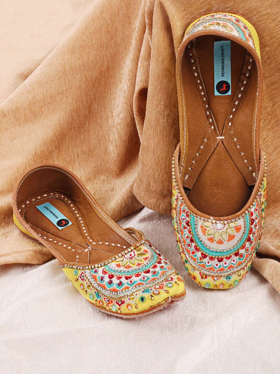 

PehnawaCraft Mandala Art Embellished Leather Mojaris, Yellow