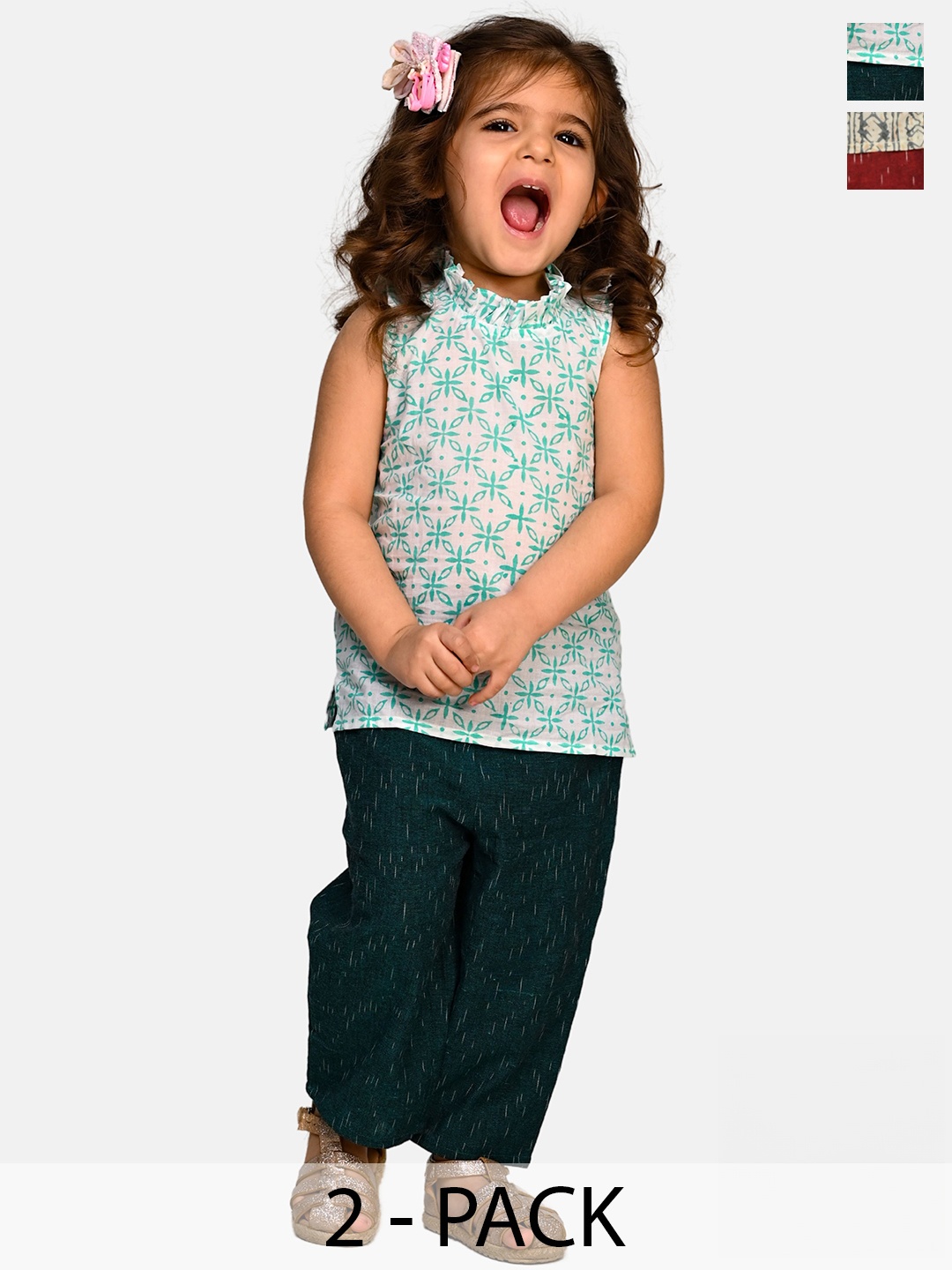 

Tiny Bunnies Girls Printed Sleeveless Pure Cotton Top with Palazzos, Red