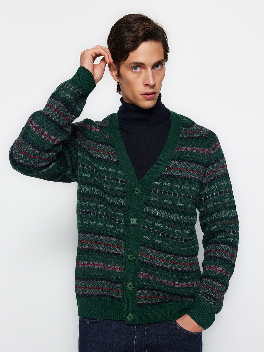 

Trendyol Self Design V-Neck Cardigan Sweater, Green