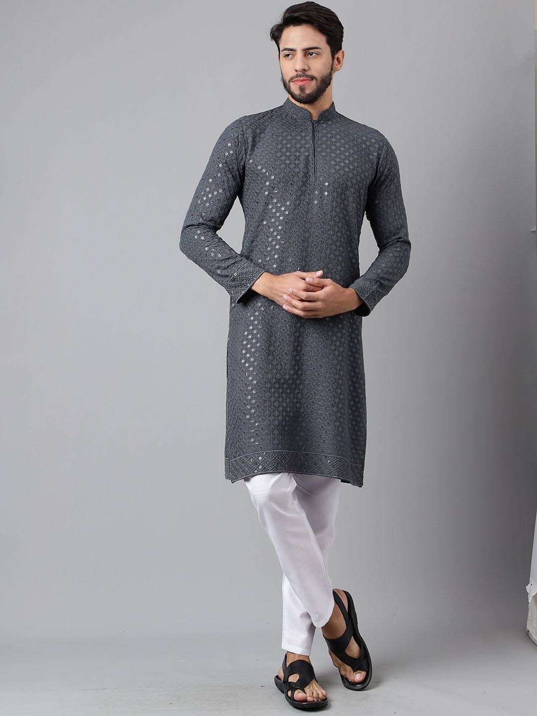 

Sangria Embroidered Sequinned Mandarin Collar Cotton Silk Straight Kurta, Grey