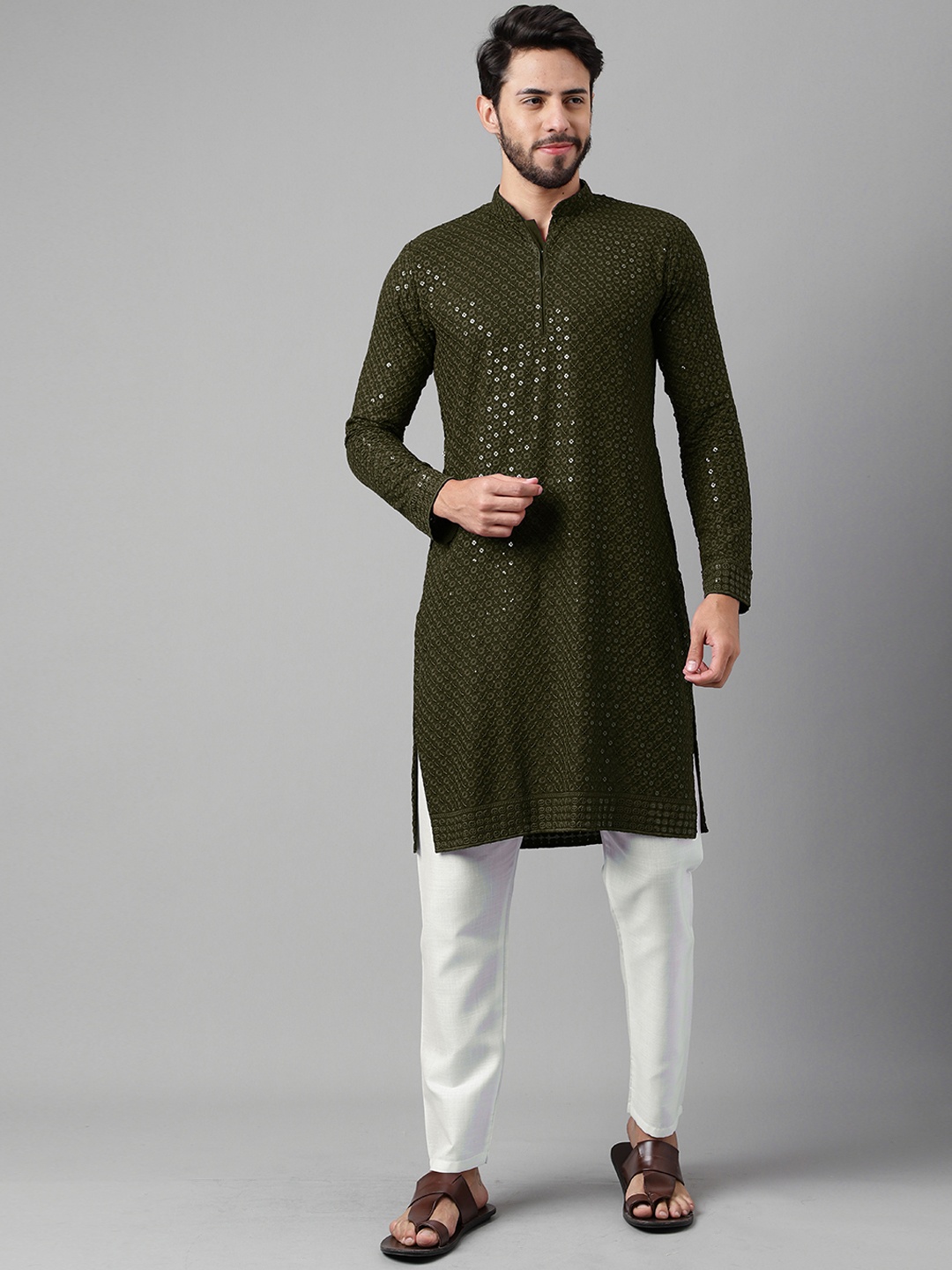 

Sangria Olive Green Ethnic Embroidered Mandarin Collar Cotton Silk Sequined Straight Kurta