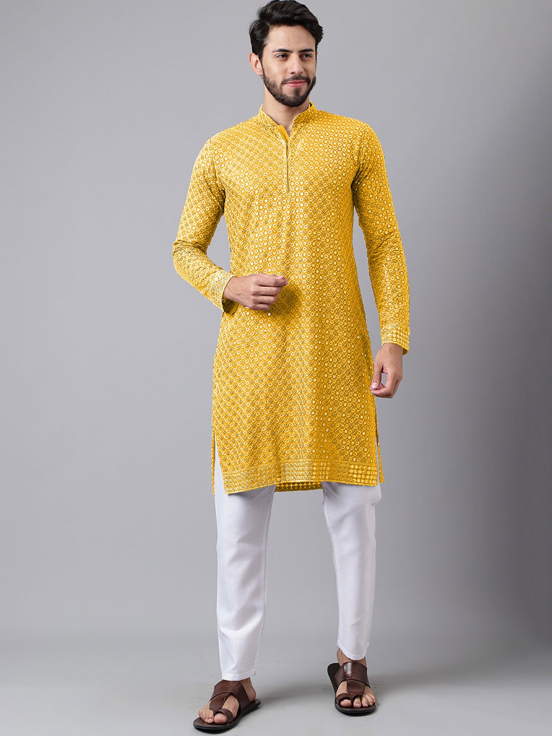 

Sangria Ethnic Motifs Embroidered Sequinned Detailed Cotton Silk Straight Kurta, Yellow