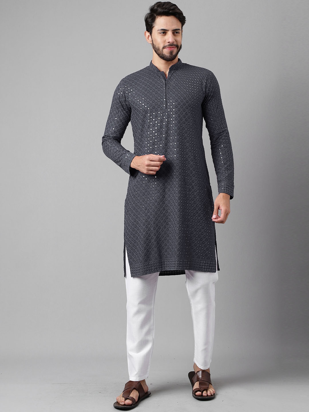 

Sangria Geometric Embroidered Mandarin Collar Sequinned Straight Kurta, Grey