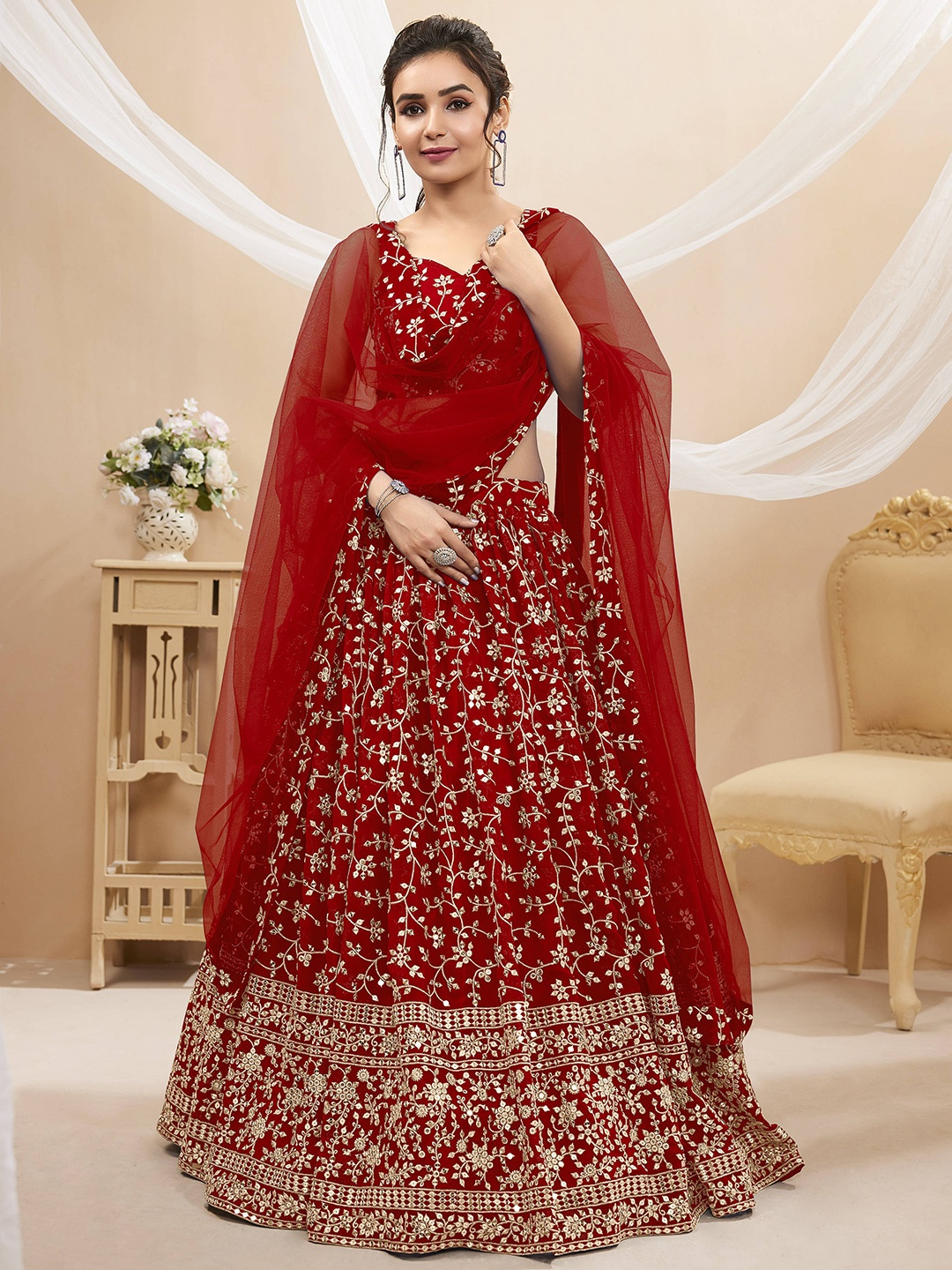 

FABPIXEL Embroidered Sequinned Semi-Stitched Lehenga Choli With Dupatta, Red