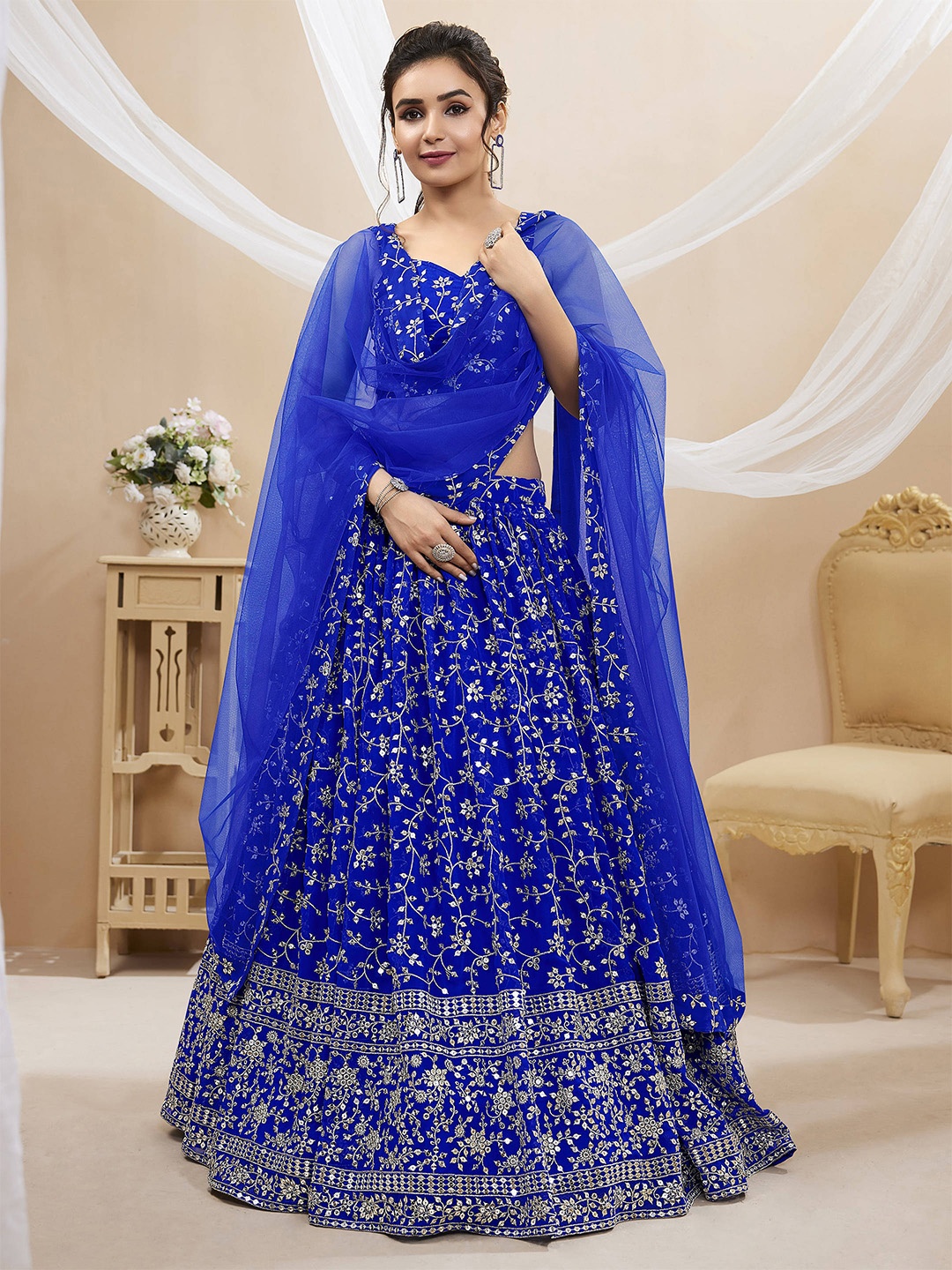 

FABPIXEL Embroidered Sequinned Semi-Stitched Lehenga Choli With Dupatta, Blue