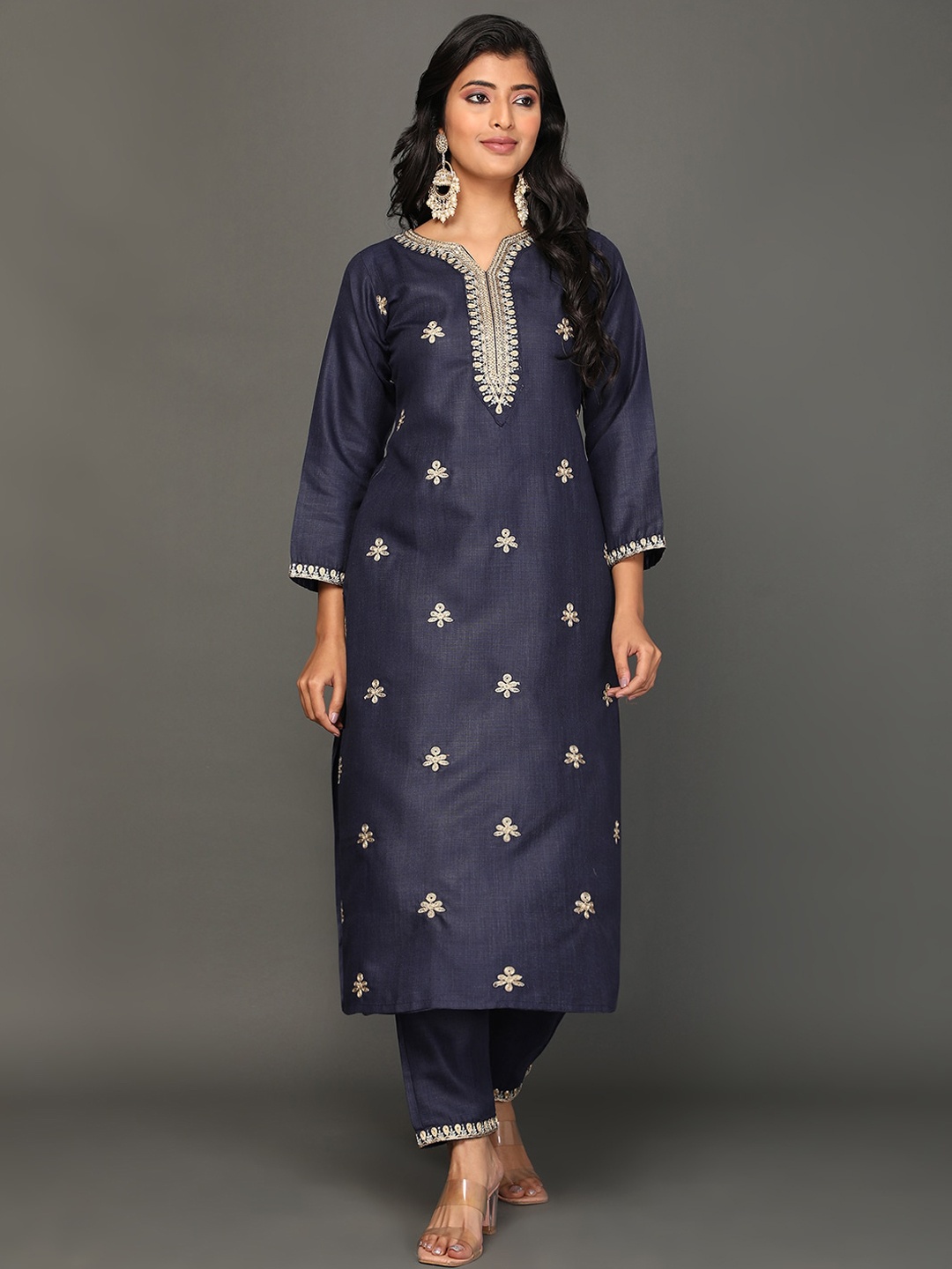 

KALINI Floral Printed Regular Zari Kurta With Trousers & Dupatta, Navy blue