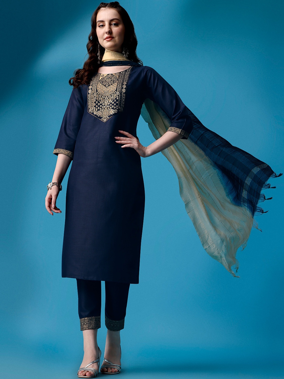 

KALINI Ethnic Motifs Yoke Design Regular Kurta With Trousers & Dupatta, Blue