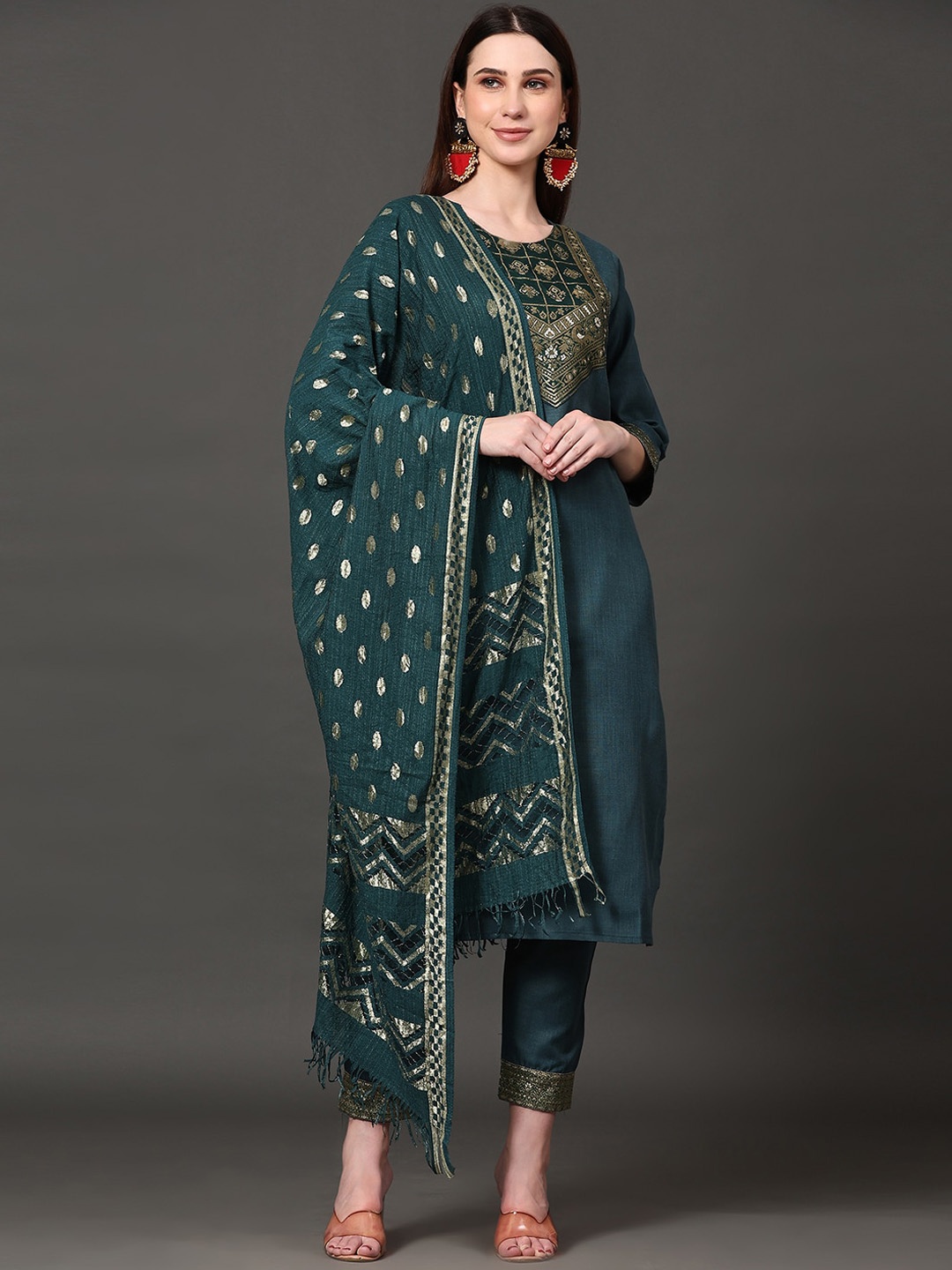 

KALINI Ethnic Motifs Yoke Design Zari Kurta with Trousers & With Dupatta, Green