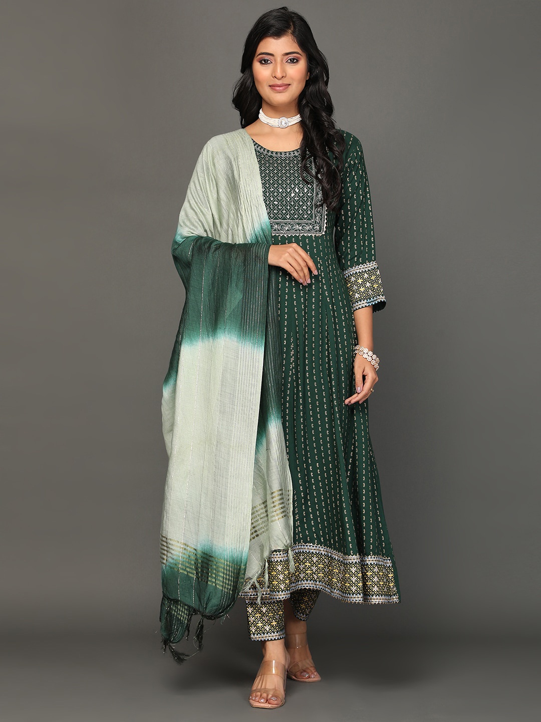 

KALINI Ethnic Motifs Yoke Design Thread Work Kurta With Trousers & Dupatta, Green